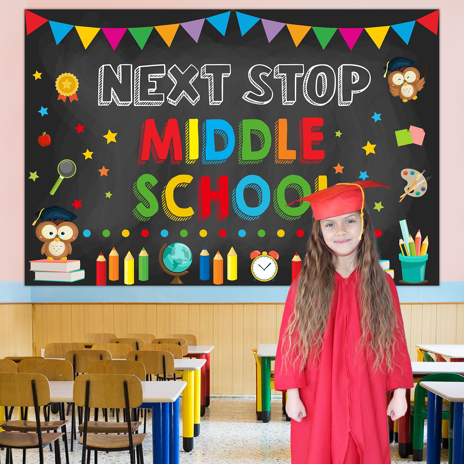 Next Stop Middle School Graduation Banner - Black Glitter, Class Of 2025, DIY Hanging Decoration For 5th Grade Party