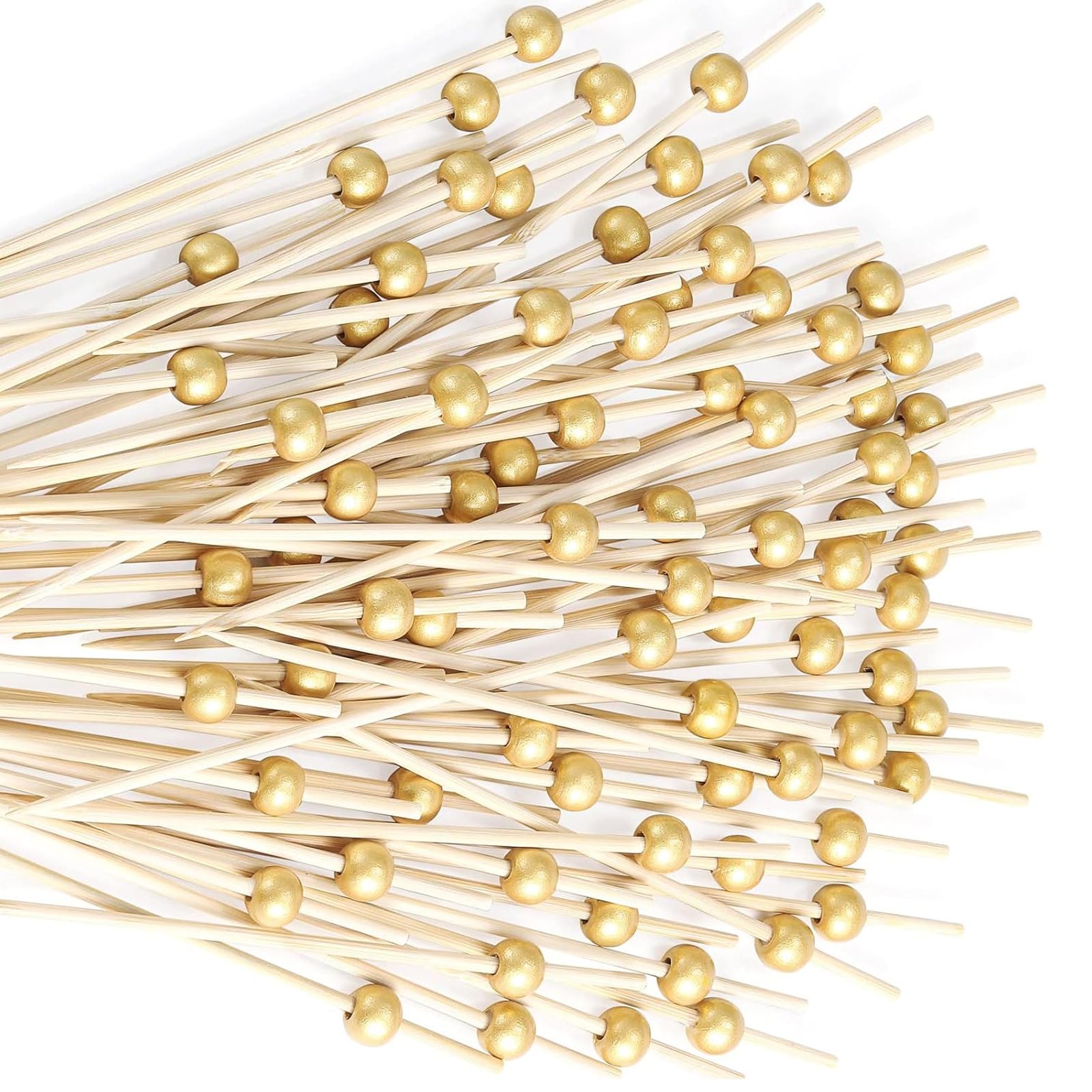 100 Pcs Cocktail Picks, 12 CM Toothpicks for Appetizers, Bamboo Cocktail Sticks Skewers for Drinks, Desserts, Charcuterie, Wedding Party Fancy Toothpicks, Gold Pearl Mini Food Picks Decorative