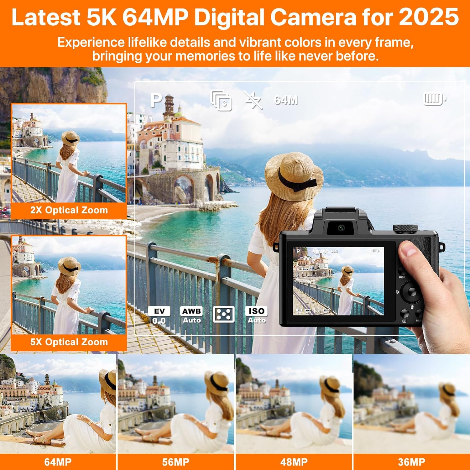 5K Digital Camera 64MP Cameras for Photography, 5X Optical Zoom Compact Travel Camera Front and Rear Dual Cameras Vlogging Camera for YouTube with 3.2" IPS Touchscreen, 64G TF Card, 2 Batteries - Image 2