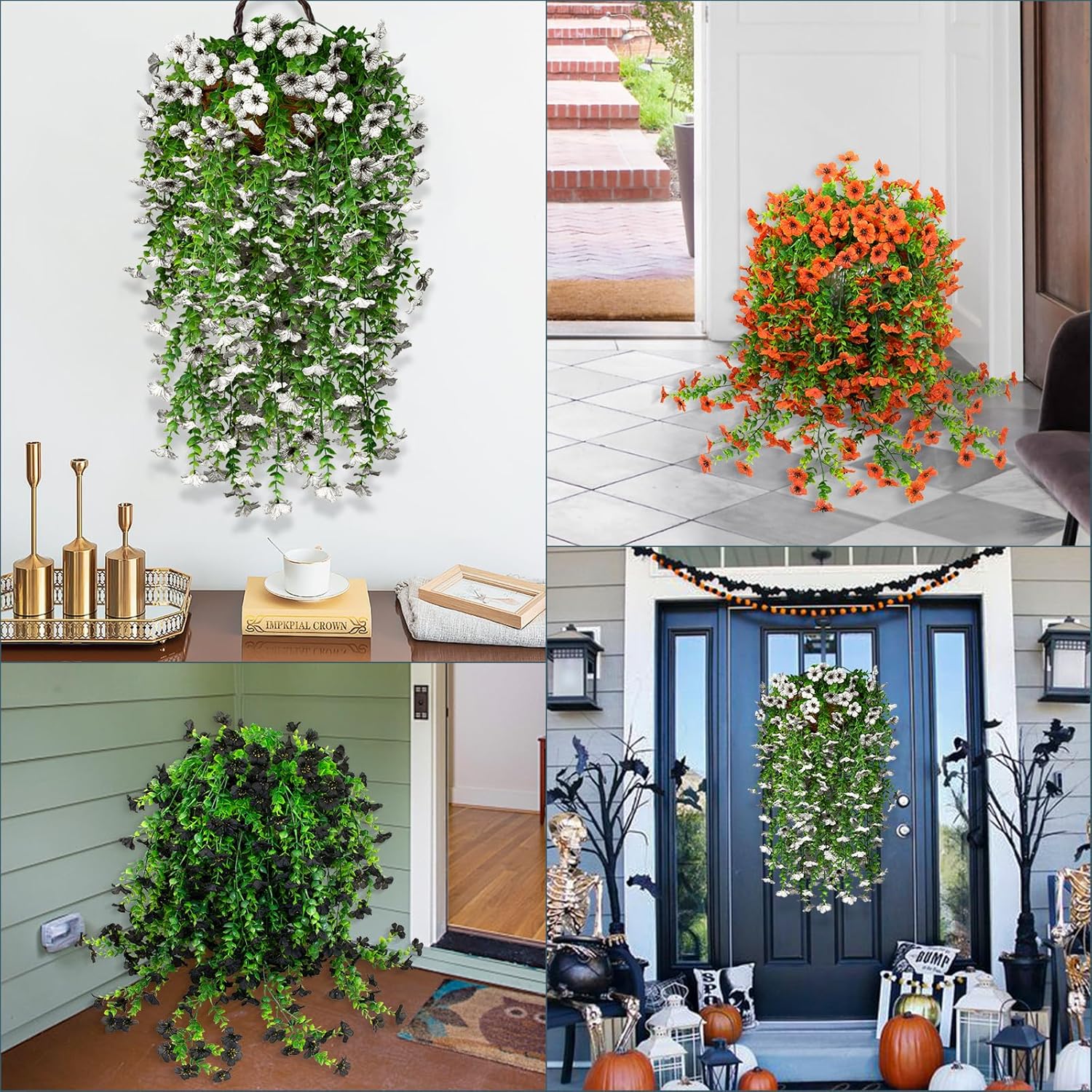 8 Pack White Artificial Fake Hanging Flowers for Outdoor Outside Faux Plants with Silk Daisy Summer Decoration UV Resistant Real Long Trailing Vines for Front Door Porch Planter Urn Decor (No Basket)