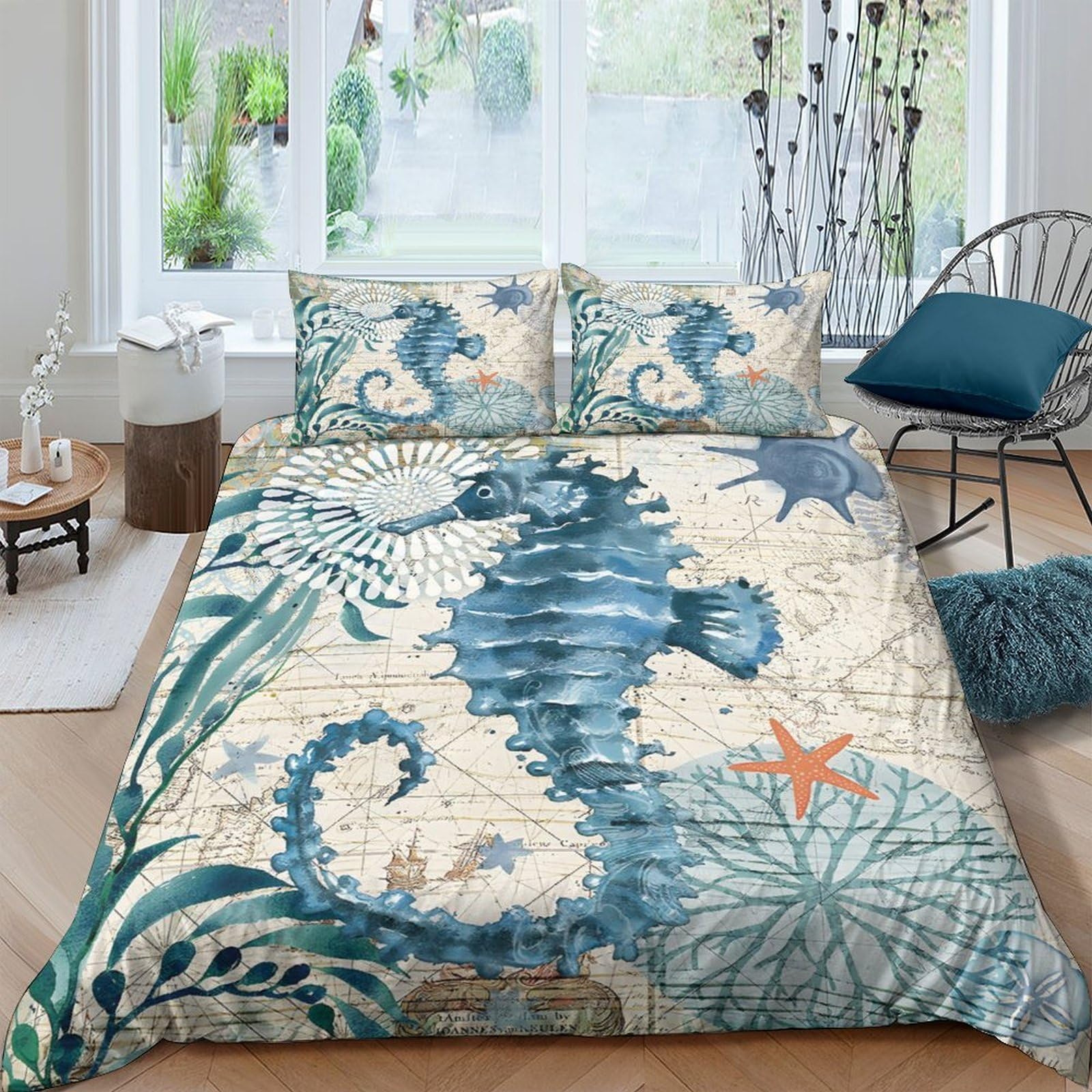 Ctjqhvkz Style-8 3D Printed Ocean Seahorse Fitted Sheet Microfiber Soft Blue Coral Starfish Bed Cover For Bedroom Guest Room Decor Single（135X200cm）