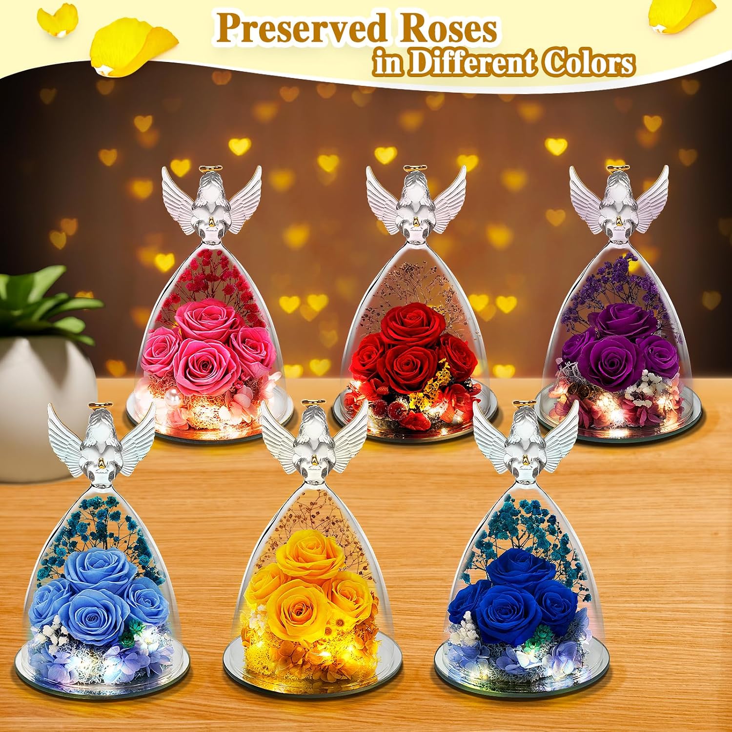 Mothers Day Rose Gifts for Mom, Ideal Mother's Day, Birthday Gifts for Grandma, Yellow Roses in Glass Angel Figurines with LED Light for Wife, Mom gifts from Daughter, Preserved Flower Gifts for Women