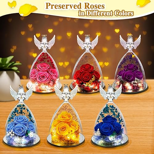 Miniatura 7 de Regalos de mujer para Navidad, regalos de flores preservadas para madre, abuela, esposa, figura de ángel con 4 rosas y luz LED, regalos para ella en