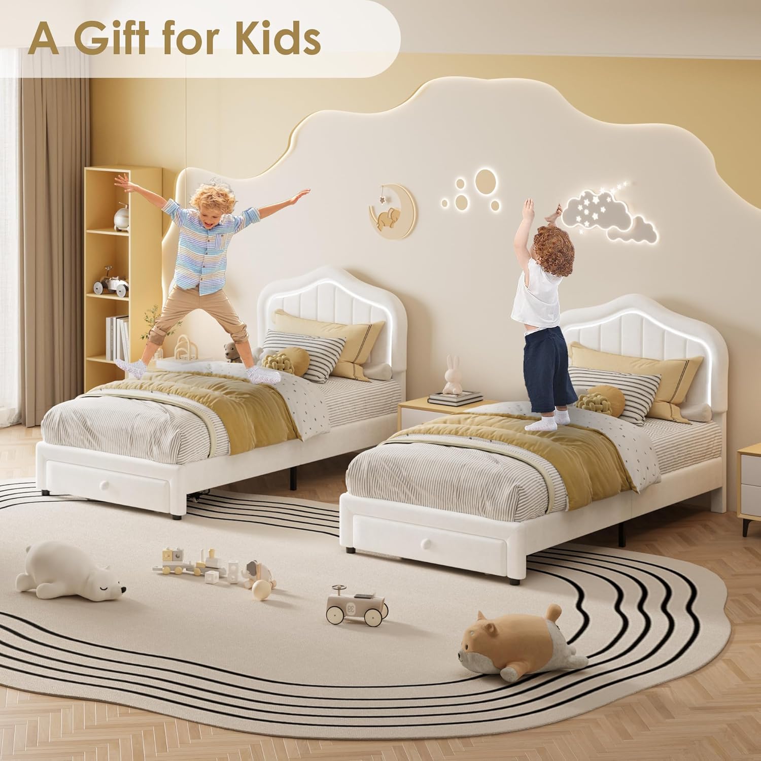 GarveeHome Twin Upholstered Bed Frame with Storage Drawer and Smart Led Headboard, Twin Size Platform Bed Frames for Kids, Wooden Slats Support, No Box Spring Needed, Easy Assembly, White