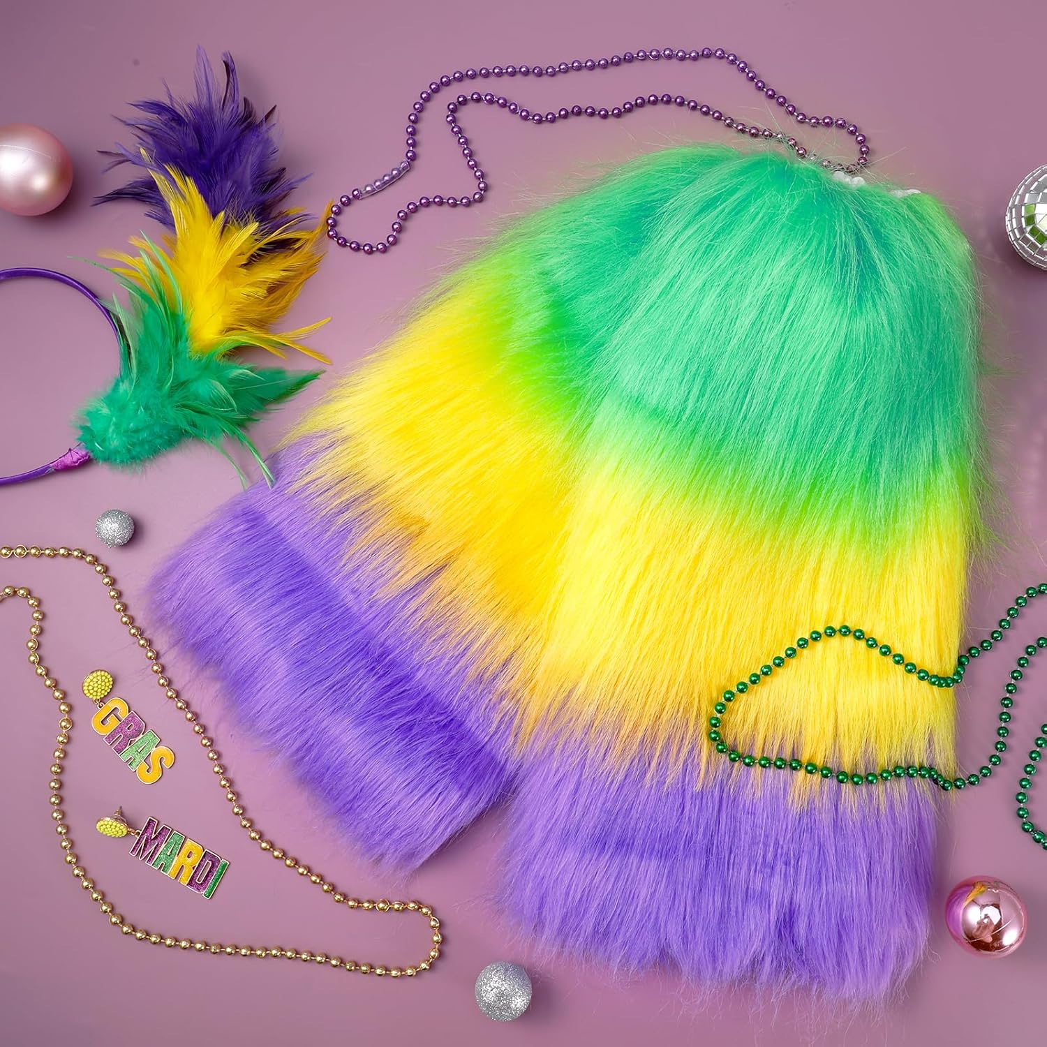 6-Piece Mardi Gras Costume Accessory Set: Faux Feather Headband, Mardi Gras Beads, Dangle Earrings, Faux Fur Leg Warmers for Women & Girls' Carnival Dress-Up - Image 7