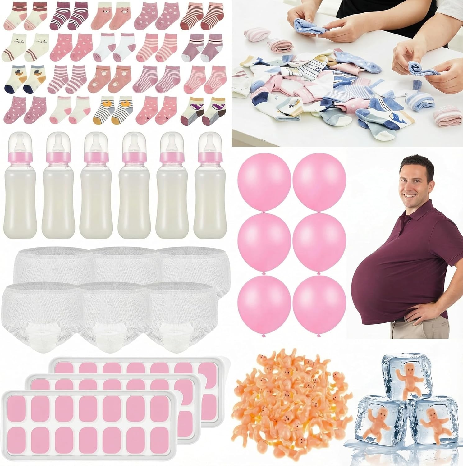 Soulchen 4 Baby Shower Games Set for 6 Guests Include Bottle Chug Baby Shower Game, Tie Your Shoe, Hunt Socks and My Water Broke Juegos Para Theme Party Activitie for Adults Gender Reveal(Cute,Pink)