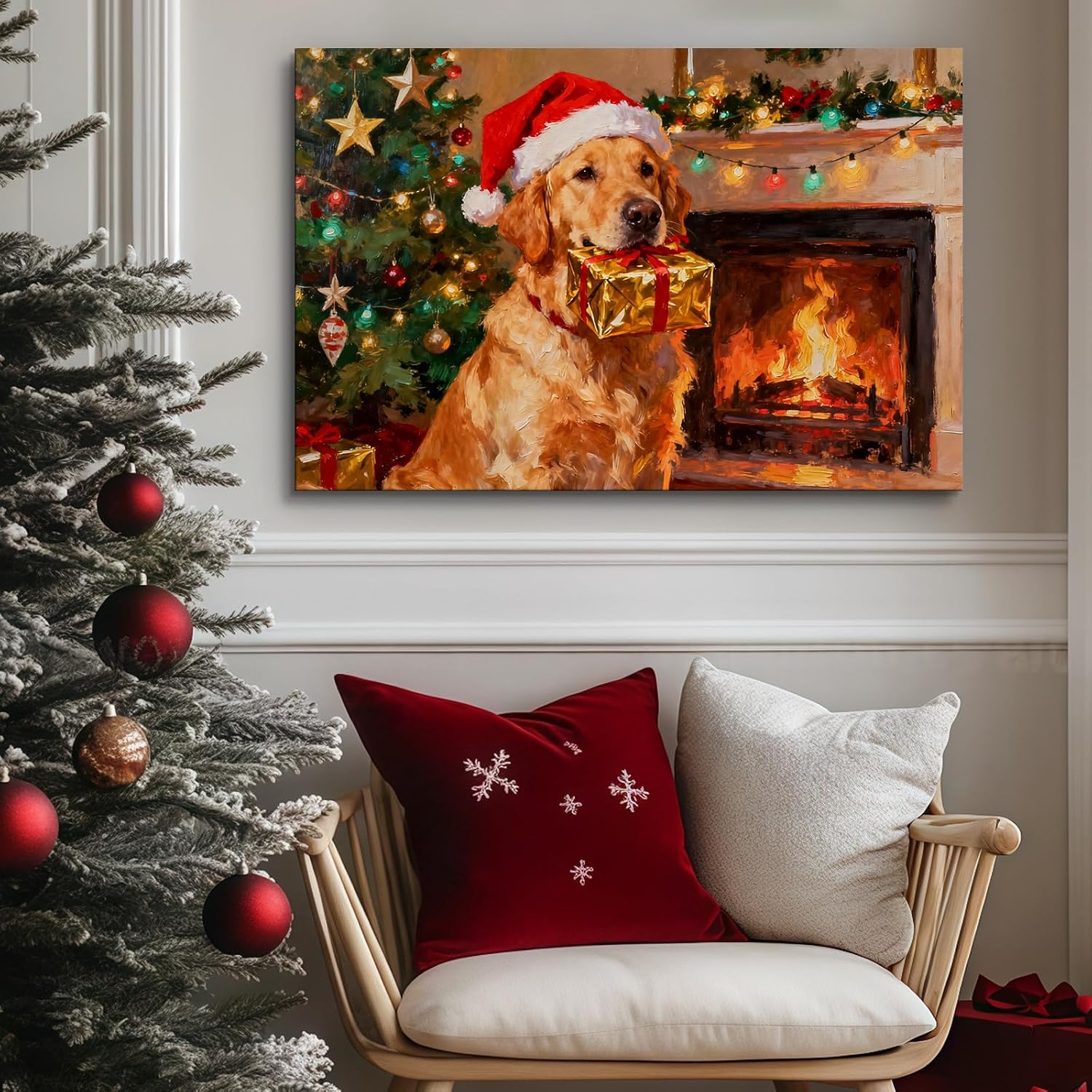 Craftline - Red Santa Hat Golden Retriever Christmas Canvas Wall Art, Rustic Farmhouse Dog by Fireplace Cabin Pictures Vintage Cottage Prints Santa Christmas Holiday Gifts 16x12 Poster for Living Room