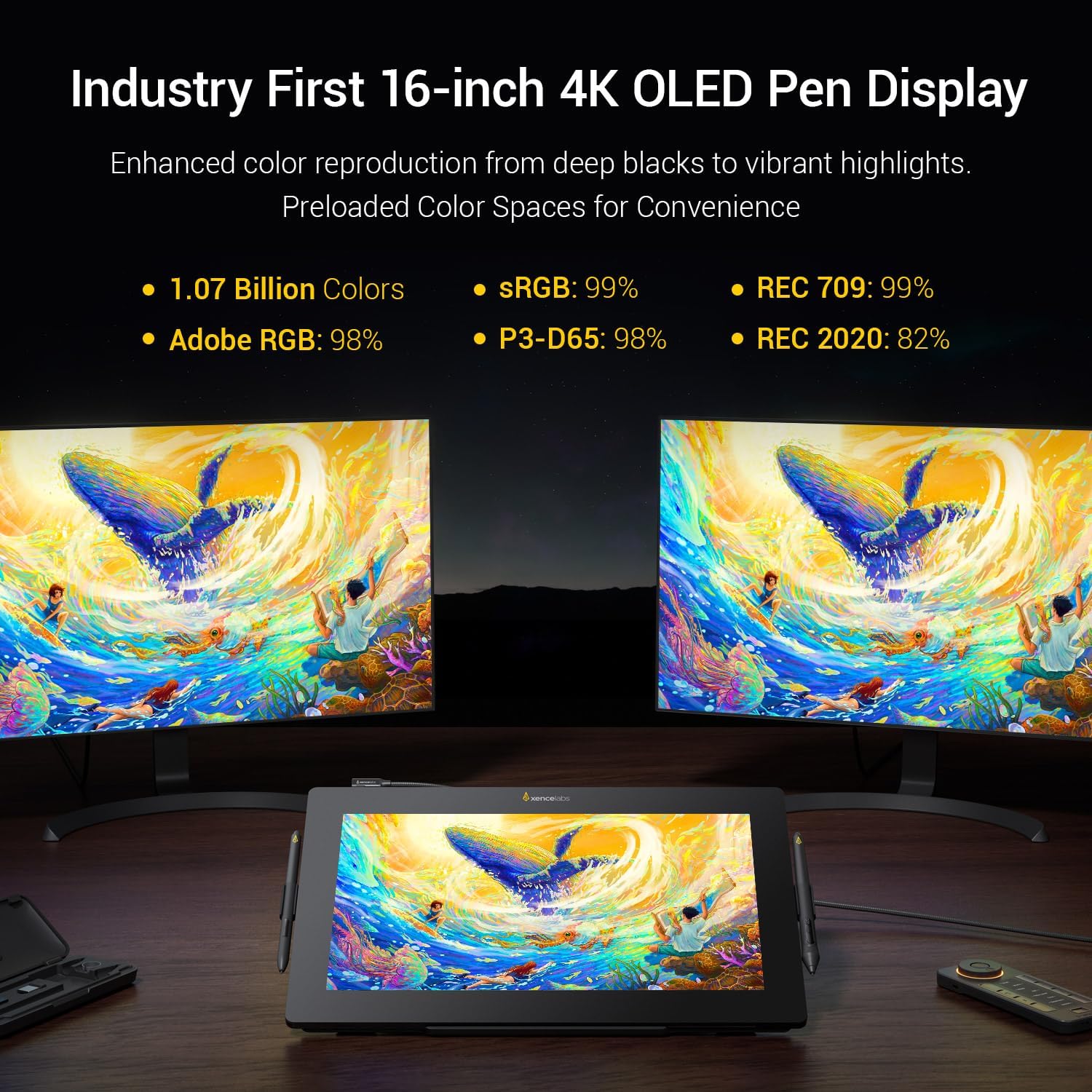 Xencelabs Pen Display 16 Bundle with Quick Keys, 16" 4K OLED Portable Drawing Tablet with Screen Graphic Design Display with 2 Battery-Free Pens for Win/Win-ARM/macOS/Linux, Black