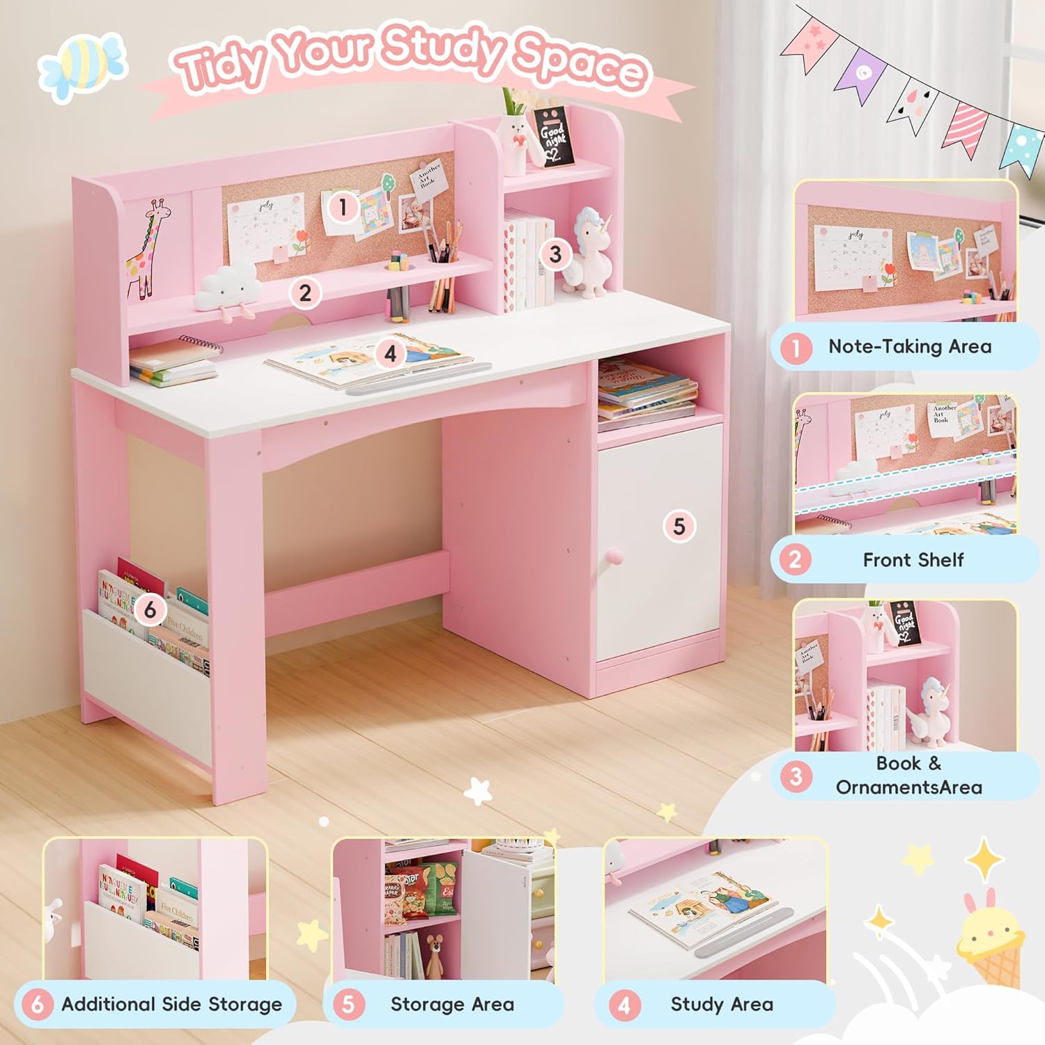 Kids Study Desk with Chair and Tiltable Desktop, Kids Study Desk and Chair Set with Hutch&Storage Cabinet, Wooden Children Study Table for 5-12 Years Old, Student Writing Desk for Bedroom (Pink)