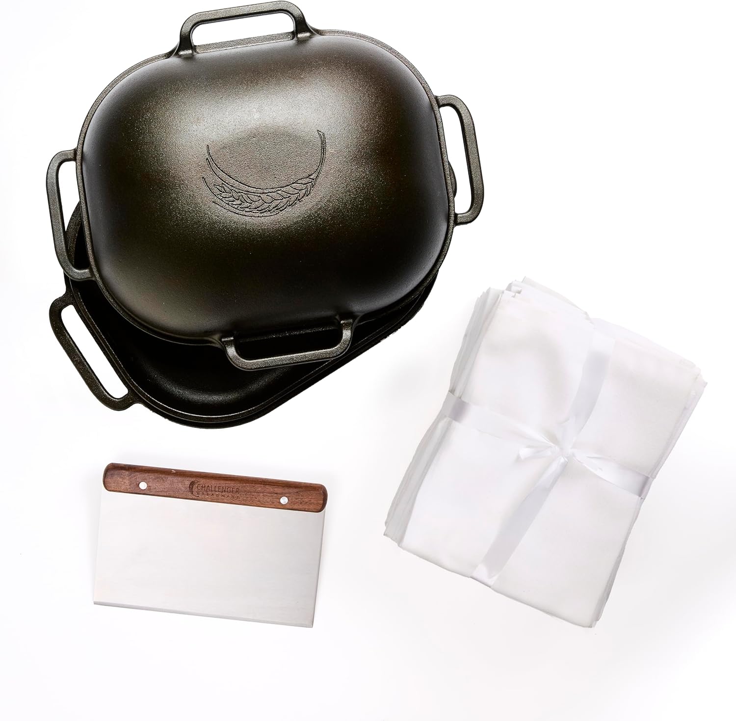Challenger Bread Pan Cast Iron Loaf Pan with Lid & Baking Bundle: Artisan Sourdough and Homemade Bread Baking Kit, Walnut Bench Knife, 12 Flour Sack Towels, Pre-Seasoned, Made in USA