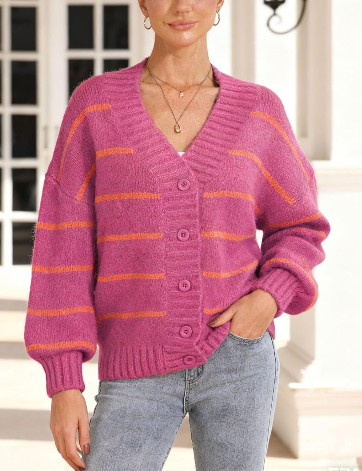 QIBABU Womens Striped Cardigan Sweaters Oversized V Neck Open Front Button Down Knit Outwear - Image 7