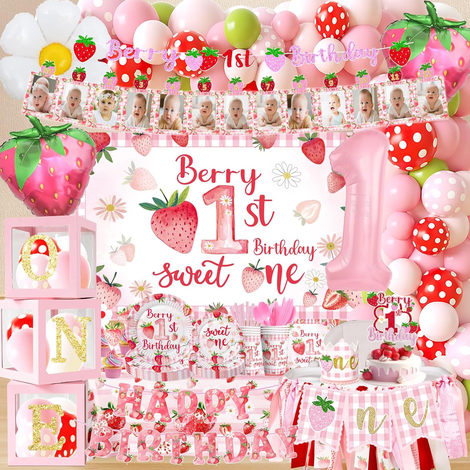 Pink Strawberry Berry First Birthday Decoration,Include Banner, Photo Wall,Balloon,Backdrop,Tablecloth, High Chair Banner,Plates,Cups,Napkins,Knives,Forks,Spoons Straws Box For Girls Birthday Supplies