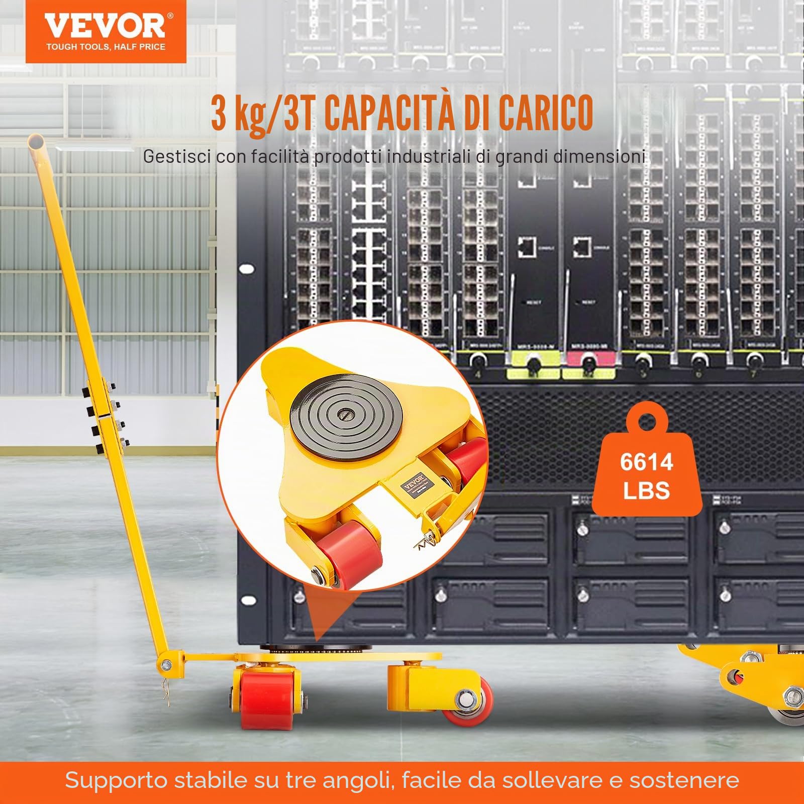 VEVOR Pattini a Rotelle per Trasporto di Carichi Pesanti Capacità Carico Max. 3 Tonnellate, Pattini in Acciaio al Carbonio Piattaforma Antiscivolo Rotazione da 360° con Maniglia da Magazzino Officina