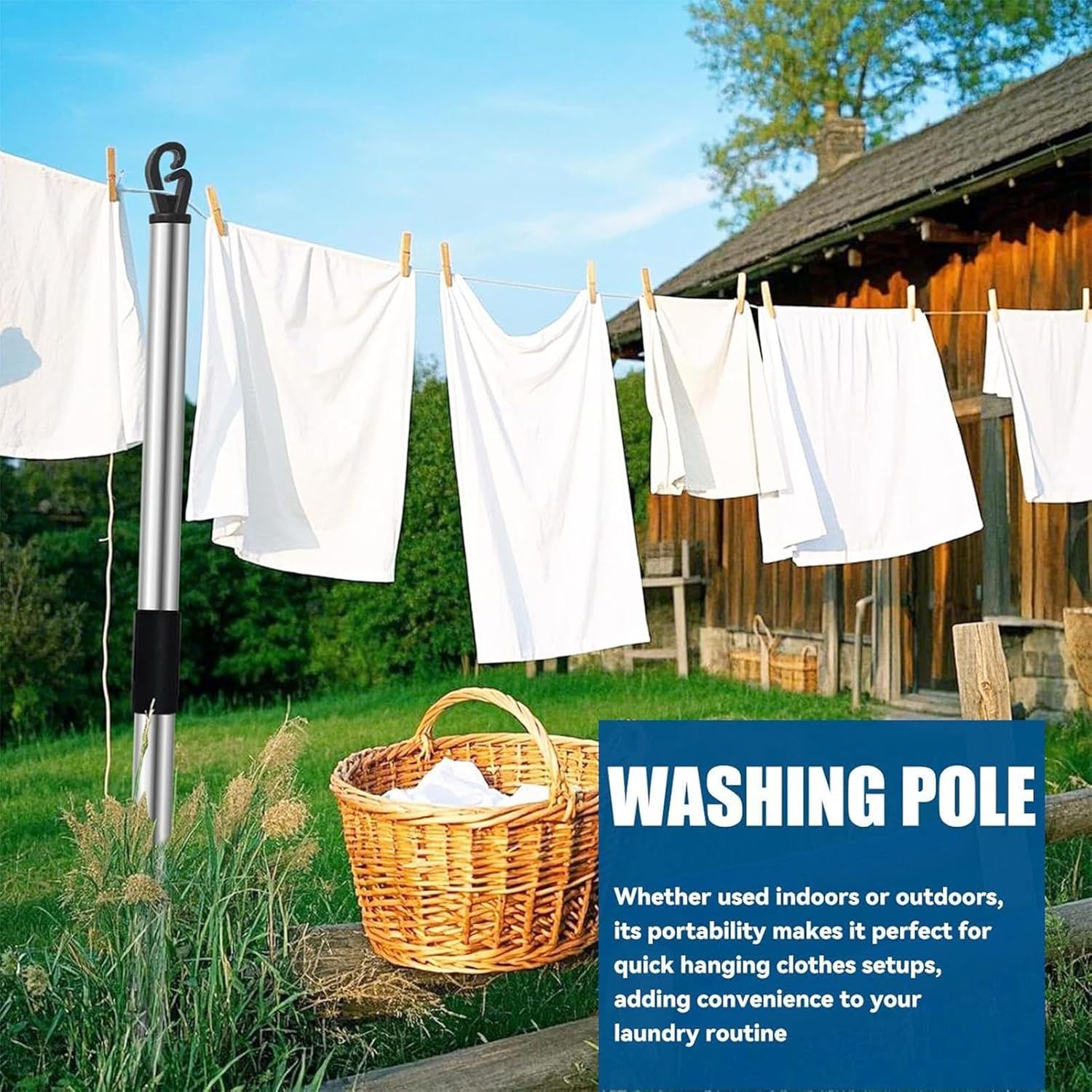 Retractable Clothesline Prop- 220cm Stainless Steel Nylon | 7.2Ft Detachable Rod with 32.8Ft Rope and 20 Clips, Outdoor Laundry Drying Support for Garden Patio Camping Home