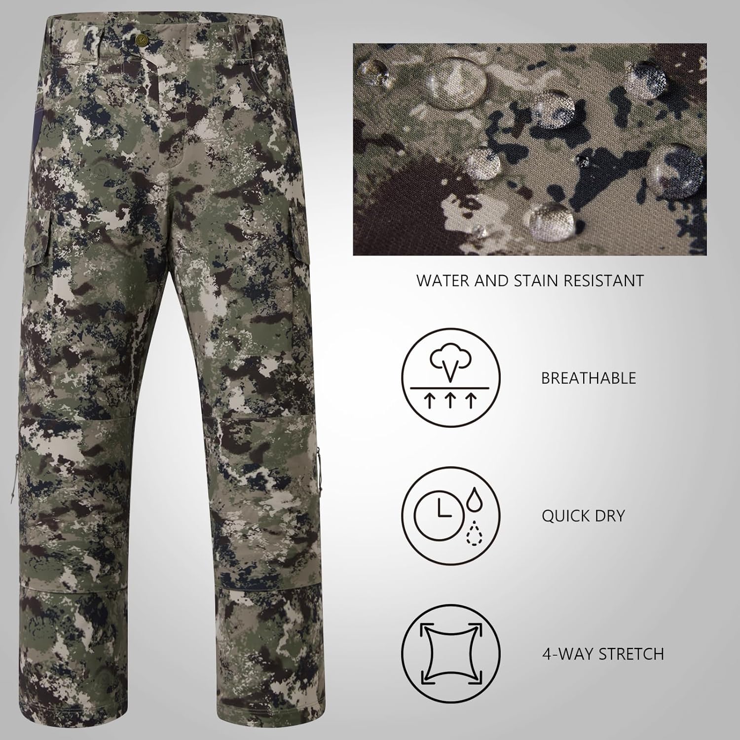 BASSDASH Invis Men’s Stretch Hunting Pants Water Resistant Camo Fishing Pant