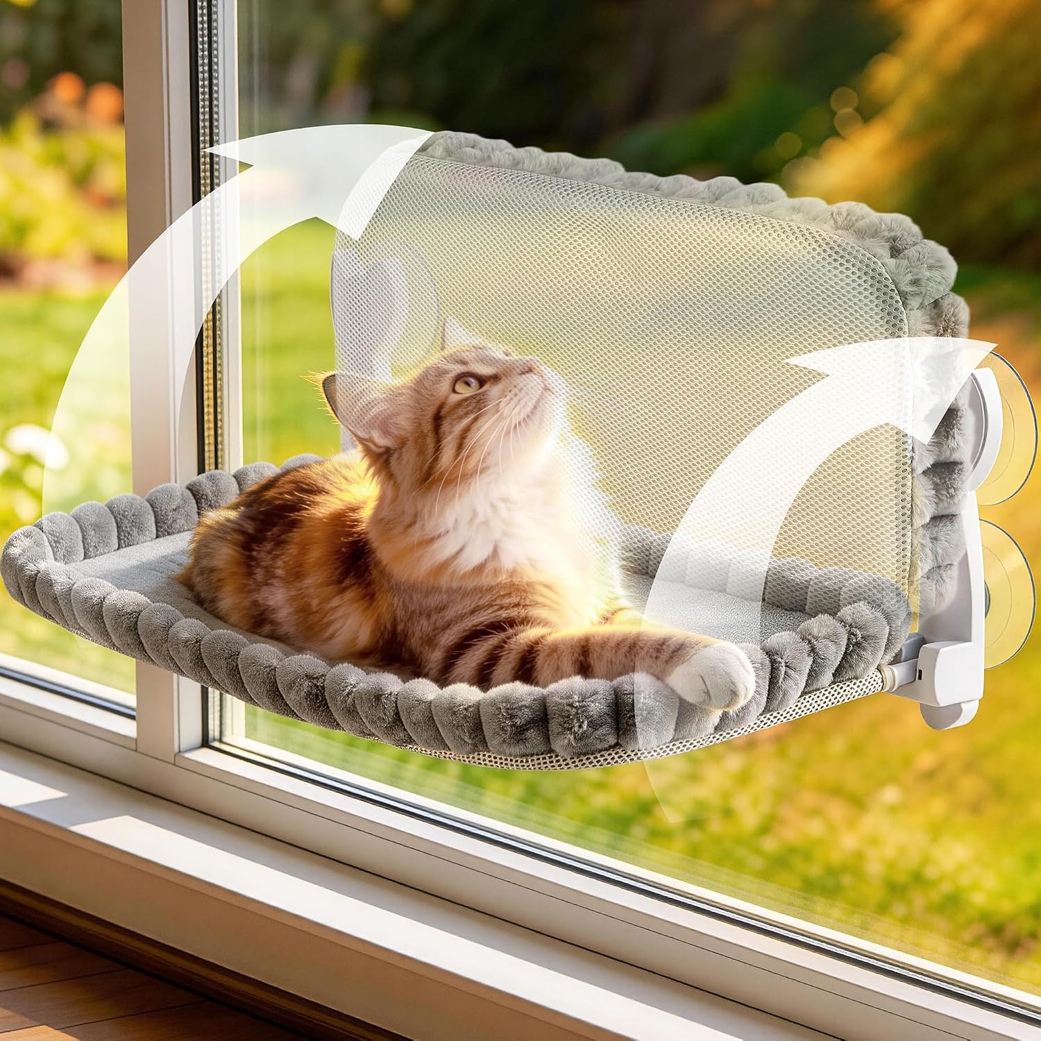 Cat Window Perch - Gray Cordless Foldable Cat Window Hammock for Large Cats, Sturdy Metal Frame Hanging Cat Bed, 40 lbs Capacity