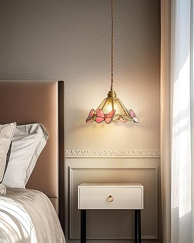 Miniatura 7 de MODIVO Lámpara colgante estilo Tiffany enchufable con diseño de mariposa y polea giratoria, 3 opciones de vidrio (transparente, ondulado,