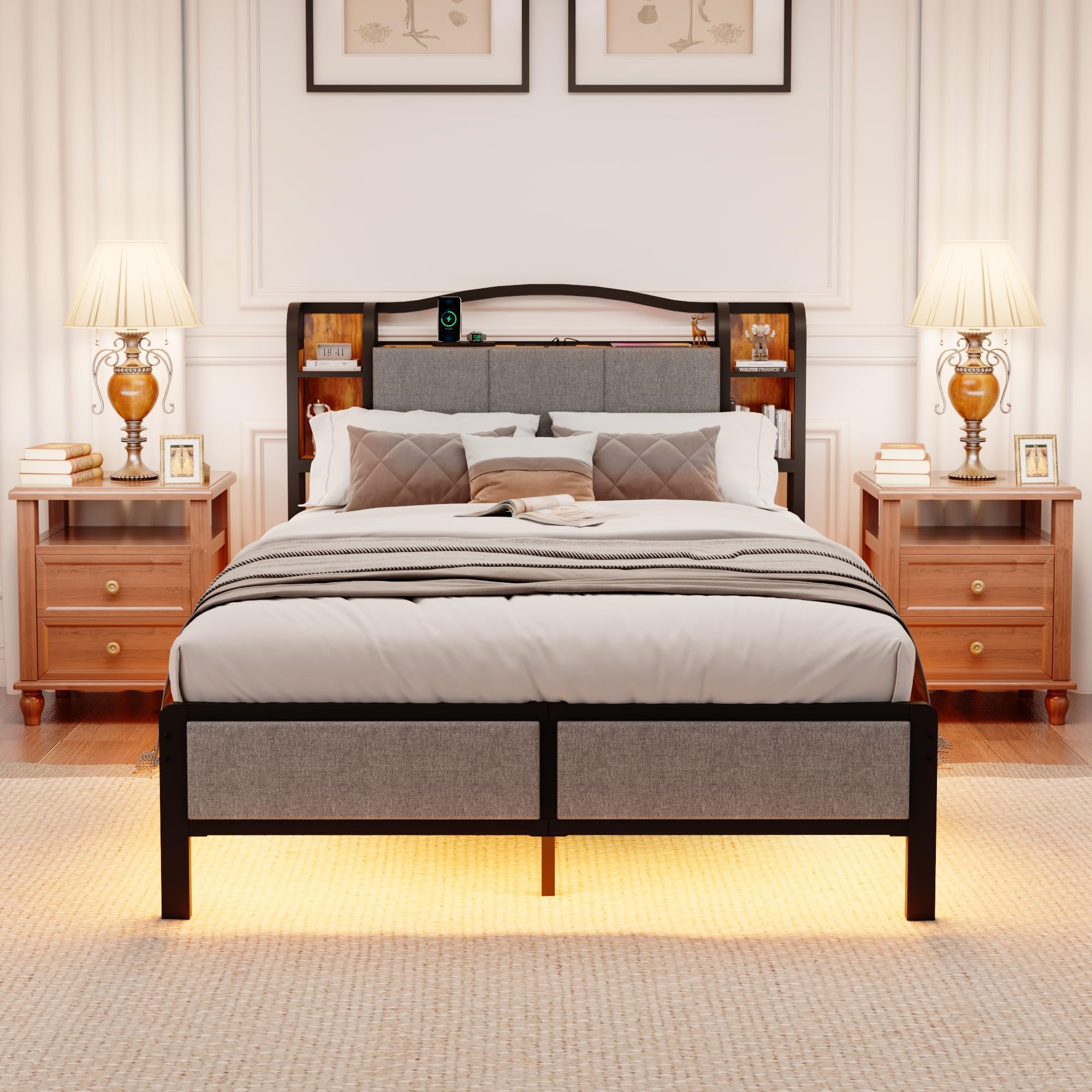 King Size Bed Frame with Upholstered Headboard Footboard Metal Bed Frame with LED Lights Charging Station No Box