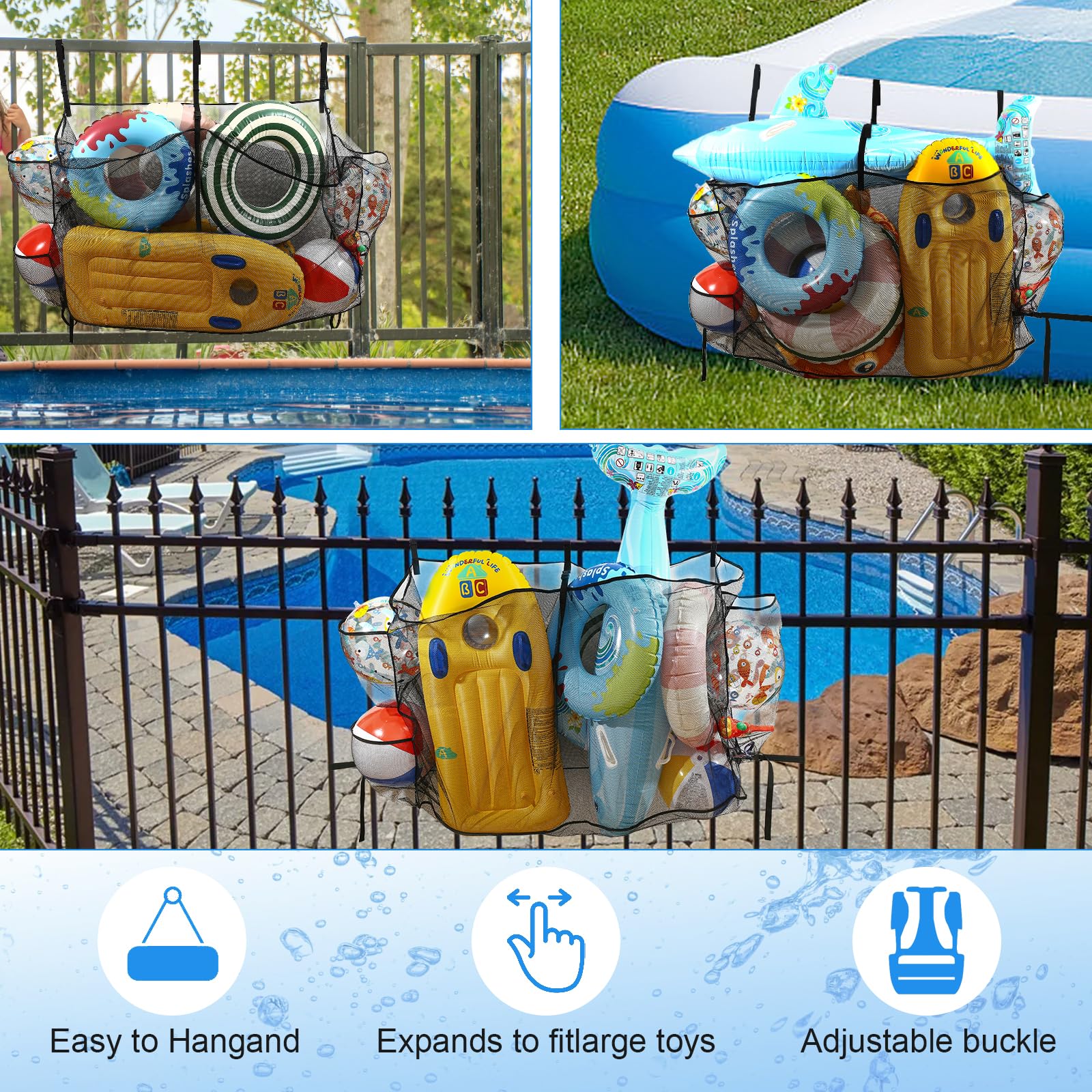 Cestino portaoggetti per piscina con 3 tasche laterali e cinghie inferiori, sacchetto impermeabile in rete per giocattoli da piscina (148 x 40 x 95 cm), adatto per gadget da piscina, conservazione e