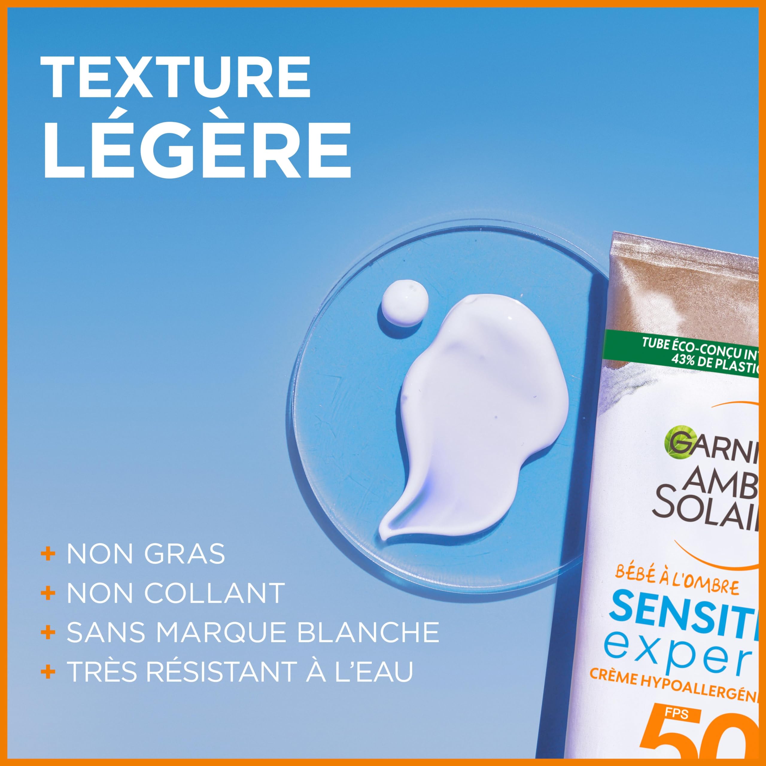GARNIER Ambre Solaire - Bébé À L'Ombre Sensitive Expert+ - Lait Solaire Bébé FPS 50+ - Protège des UVA & UVB, UVA Longs - Résiste à L'eau - Céramides - Vegan - Dès 6 Mois - Peaux Claires - 50 ml