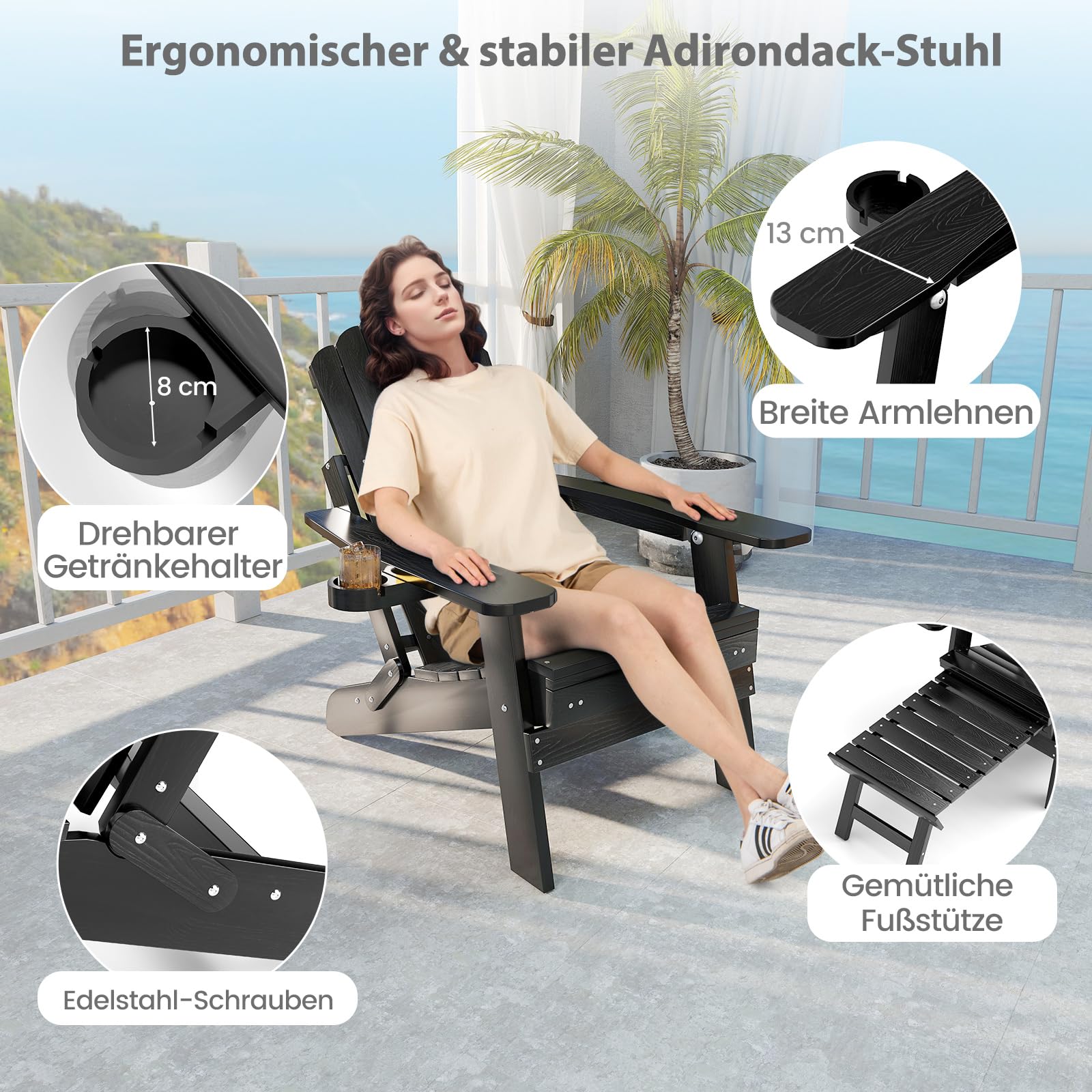 COSTWAY Klappbarer Adirondack Stuhl mit Fußstütze & Verstellbarer Rückenlehne, wetterfester Adirondack Chair aus Kunststoff, Gartensessel mit Getränkehalter für Garten, Terrasse, 180 kg Tragfähigkeit