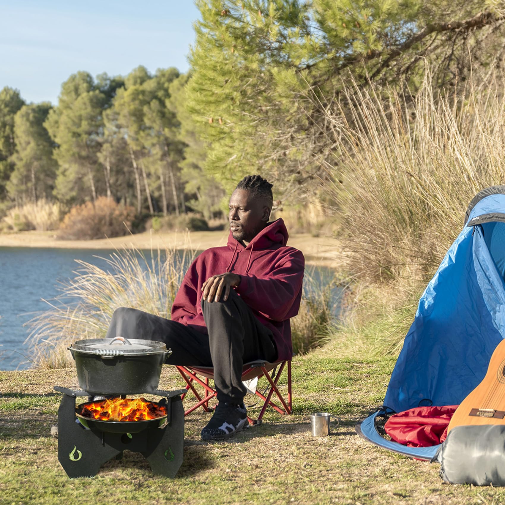 Onlyfire Soporte Resistente para Horno Holandés con Bandeja de Carbón y Bolsa de Transporte para Cocinar Al Aire Libre, Acampar, Senderismo y Excursionismo