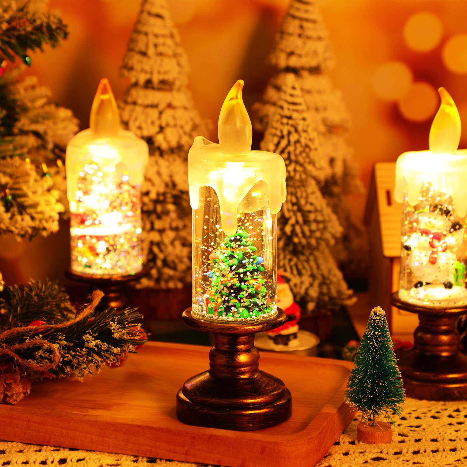 3pezzi Globi di Neve Luminosi Natalizi Candele per Finestre Fiamma LED Realistica Scintillanti Decorazioni Luminose per Centrotavola di Festa per Casa