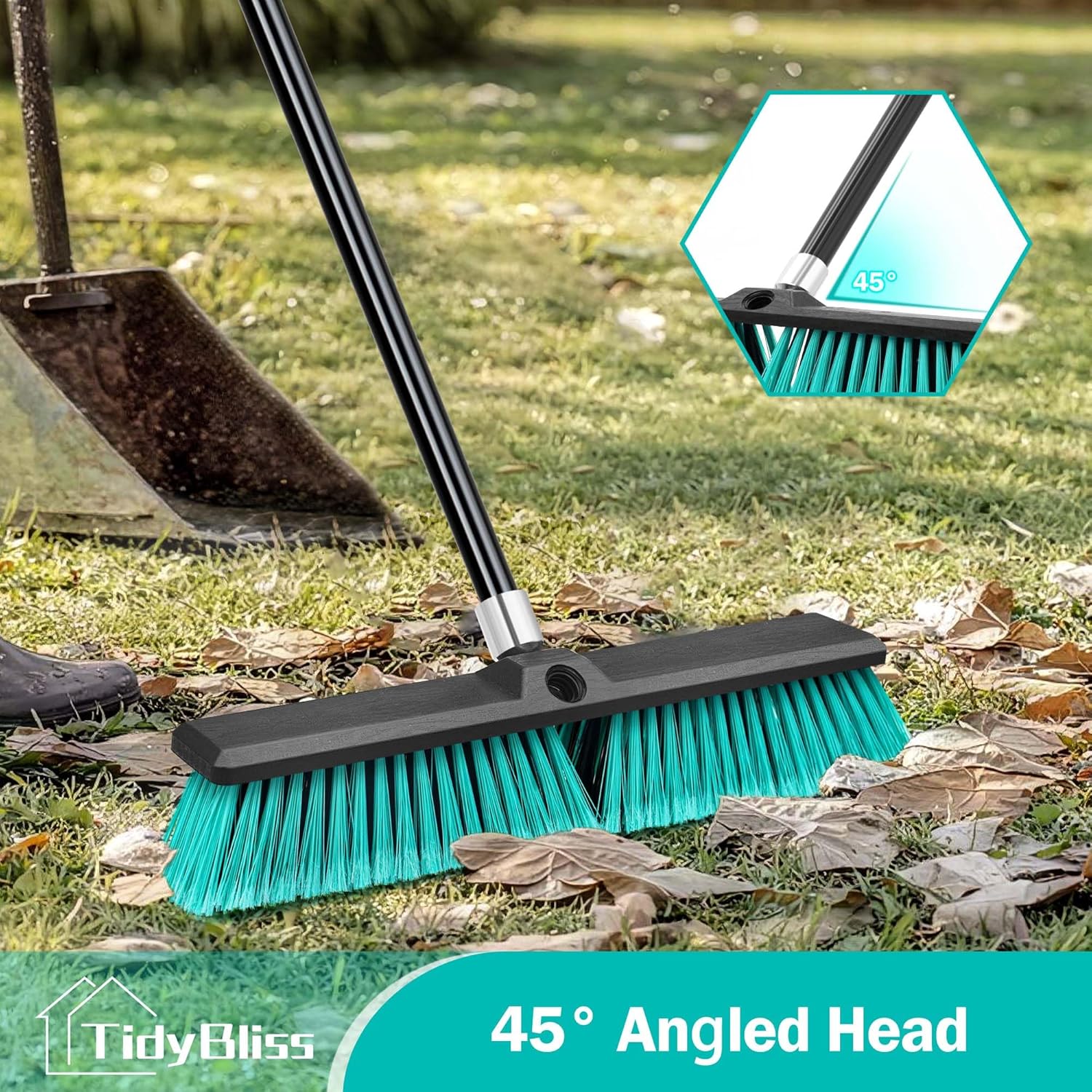 18” Push Broom Outdoor Heavy Duty 3 Pack, Large Commercial Stiff Bristle Brush with 63 inches Long Handle for Garage Shop Garden Yard Patio Deck Street Warehouse Lawn Driveway (Green)