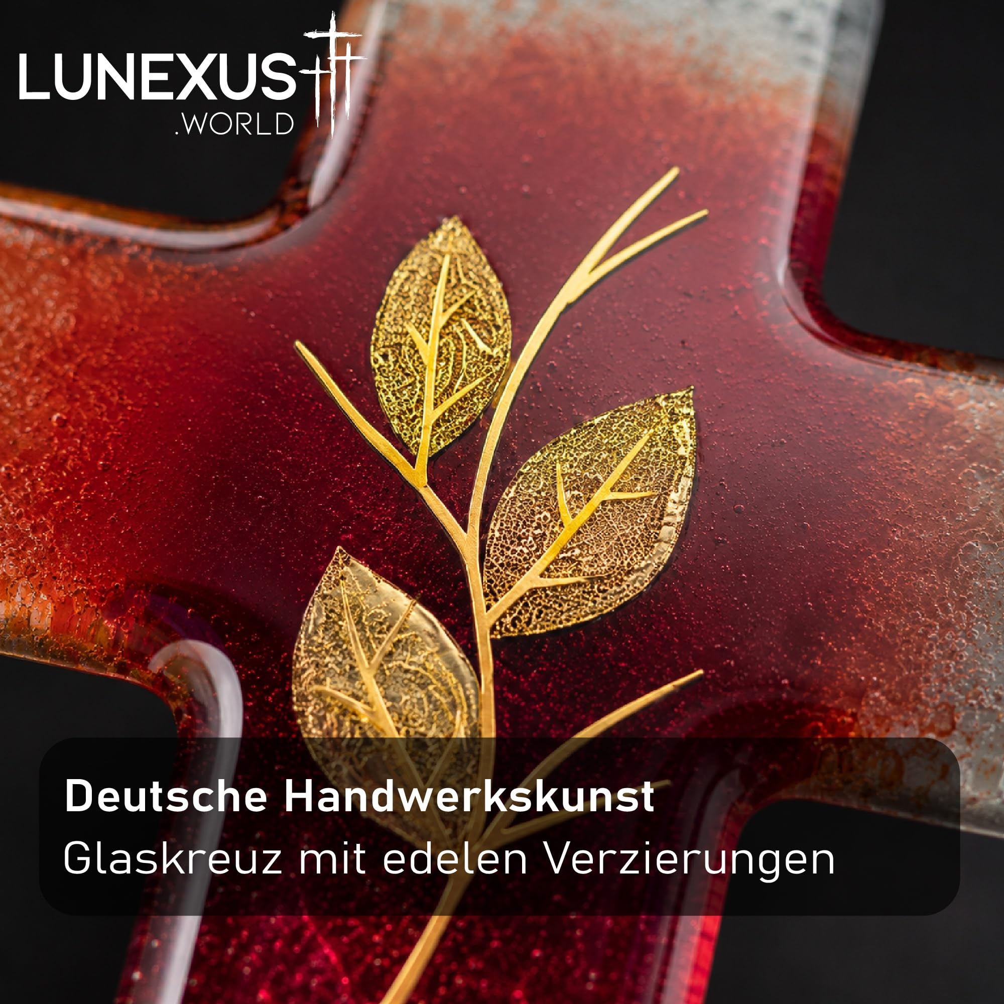 Lunexus Szklany krzyż 20 cm, ręcznie wykonany, krzyż ścienny, szkło czerwone złoto, prezent na chrzest, krzyż, chrzest, dla dziewcząt, chłopców, prezent na komunię, prezent firmowy, prezent religijny