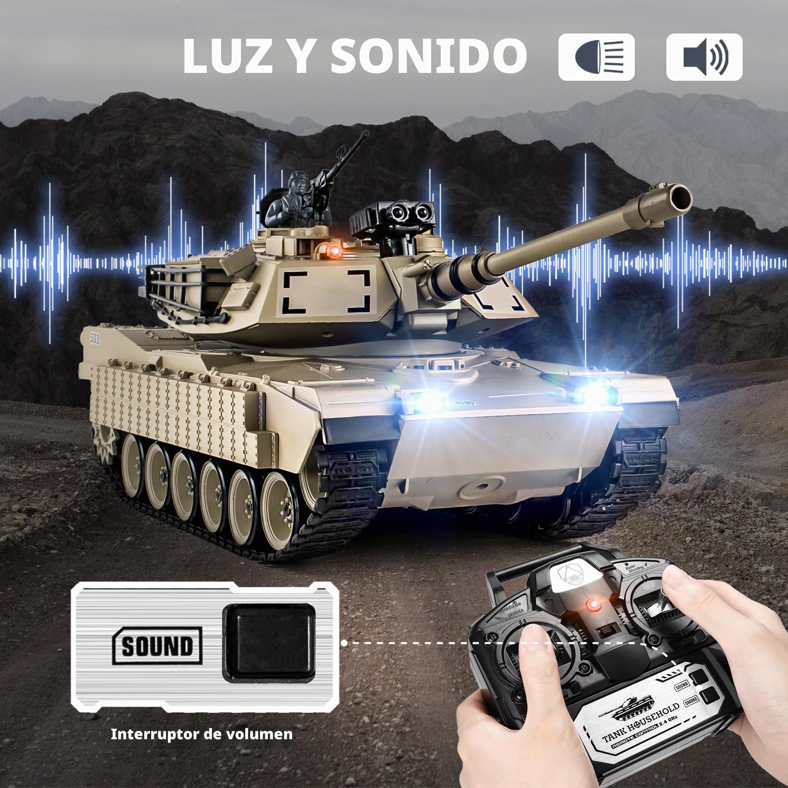 Supdex Tanque teledirigido 1:18, 2.4 GHz M1A2 Abrams, Modelo de Tanque telecontrolado, 15 Canales con Humo, luz y Sonido, vehculo Militar RC para Adultos y Nios