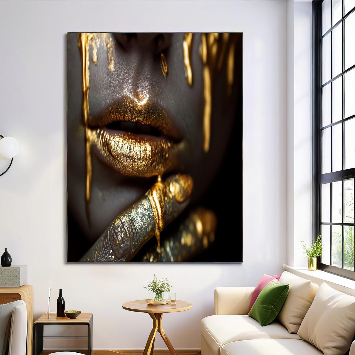 Gold Canvas Wall Art Close-Up Of Lips And Hands Portrait Of A Woman Canvas Pictures for Living Room Bedroom Hallway Kitchen or Office Unframed Gold 36"L x 24"W