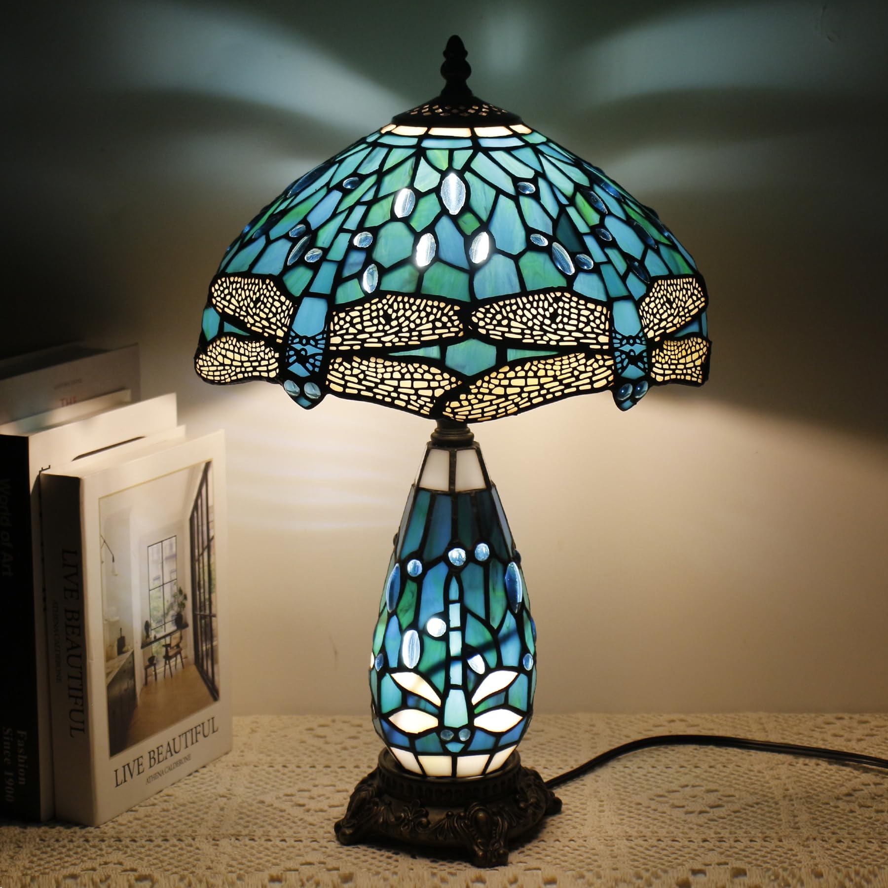 TCODTPOL Tiffany Stained Glass Table Lamp 12X19 Inches,Green Dragonfly
