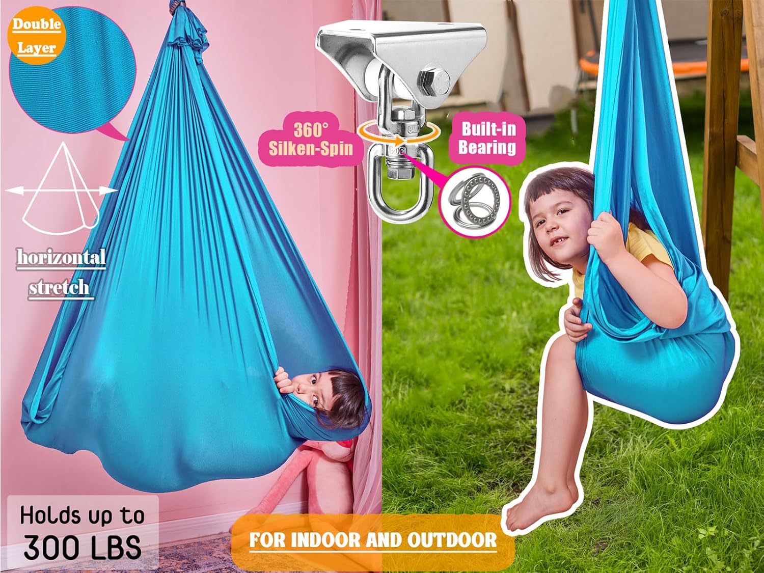 Sensory Swing for Kids with 360° Swivel Hook, Saggy-Resistant Double-Layer Fabric Indoor/Outdoor Cocoon Therapy Swing for Autism, Yoga & Play