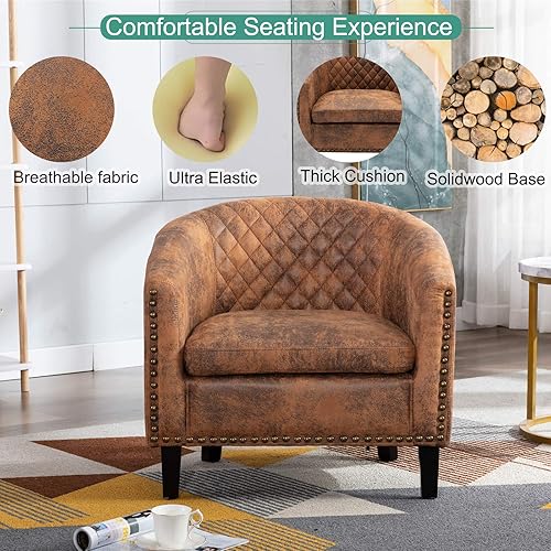 Miniatura 6 de Goujxcy Sillón de barril estilo club para sala de estar, acogedora y moderna silla de microfibra con cabeza de clavos y patas de madera maciza para