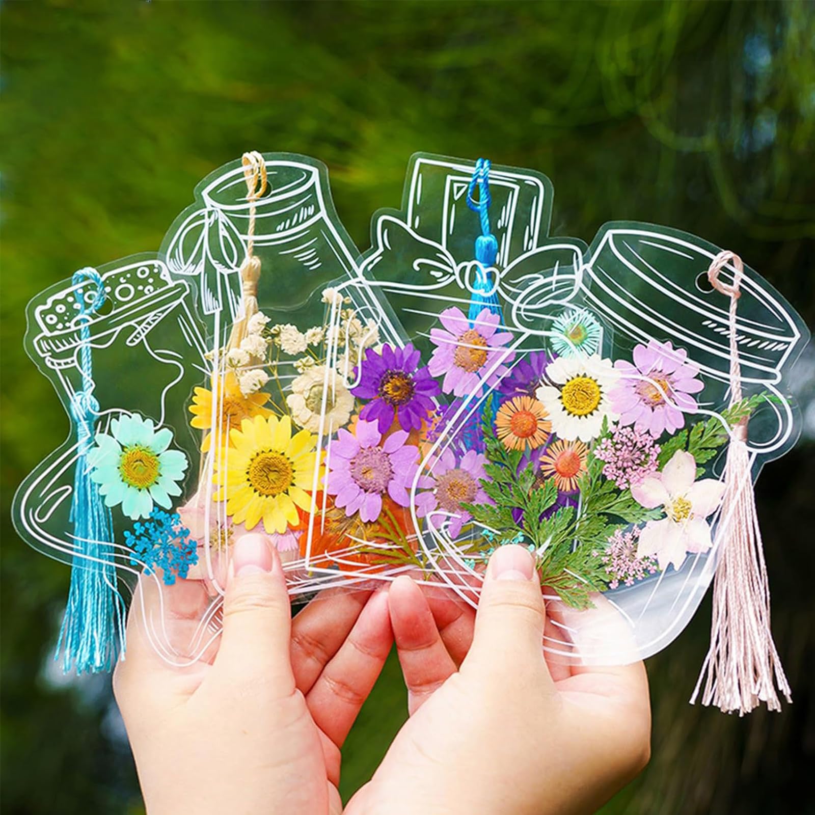 Large Size DIY Transparent Dried Flower Bookmarks,Thousand Flower Bookmark, Pressed Flowers Bookmark kit,Handmade DIY Clear Jars Stickers (80pcs)