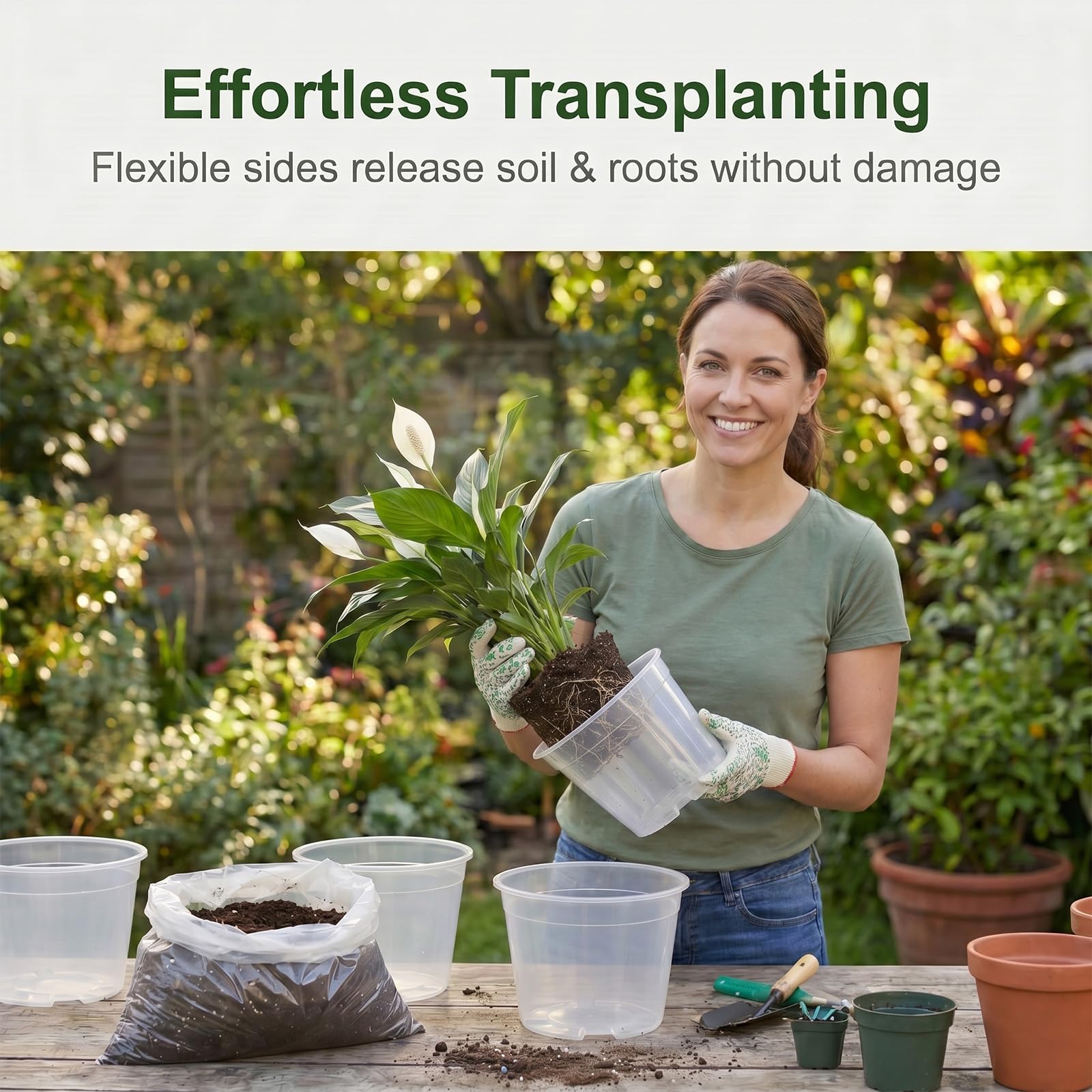 Macetas transparentes de 1 galón con drenaje, paquete de 15 macetas de plástico para plántulas, flores, suculentas, esquejes, trasplante, jardinería interior y exterior (1 galón/7 pulgadas)