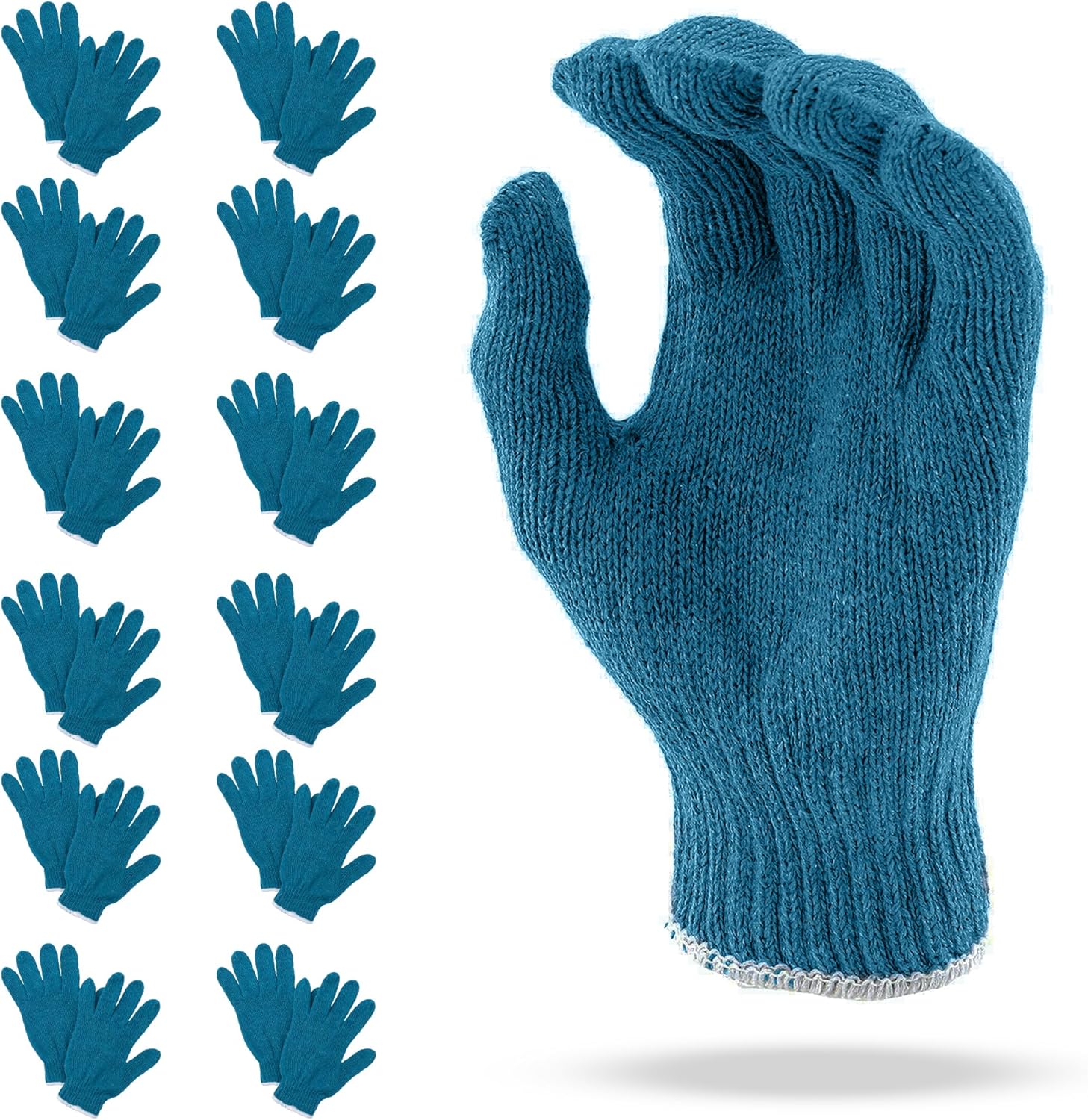 Blue Gray String Knit Work Gloves, 10 Inch. Cotton Polyester Work Gloves. Unisex Washable Reusable Garden Glove