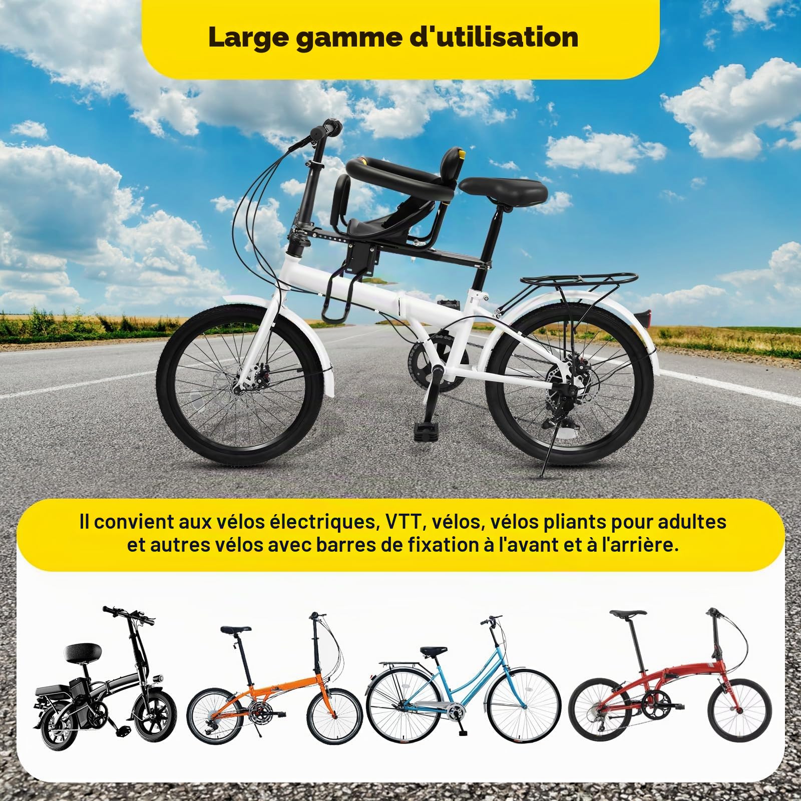 Siège enfant de vélo - Siège vélo pour enfant avant - Siège de sécurité avec poignée de sécurité pour enfants de 1 à 7 ans - Convient pour les VTT, vélos, véhicules électriques