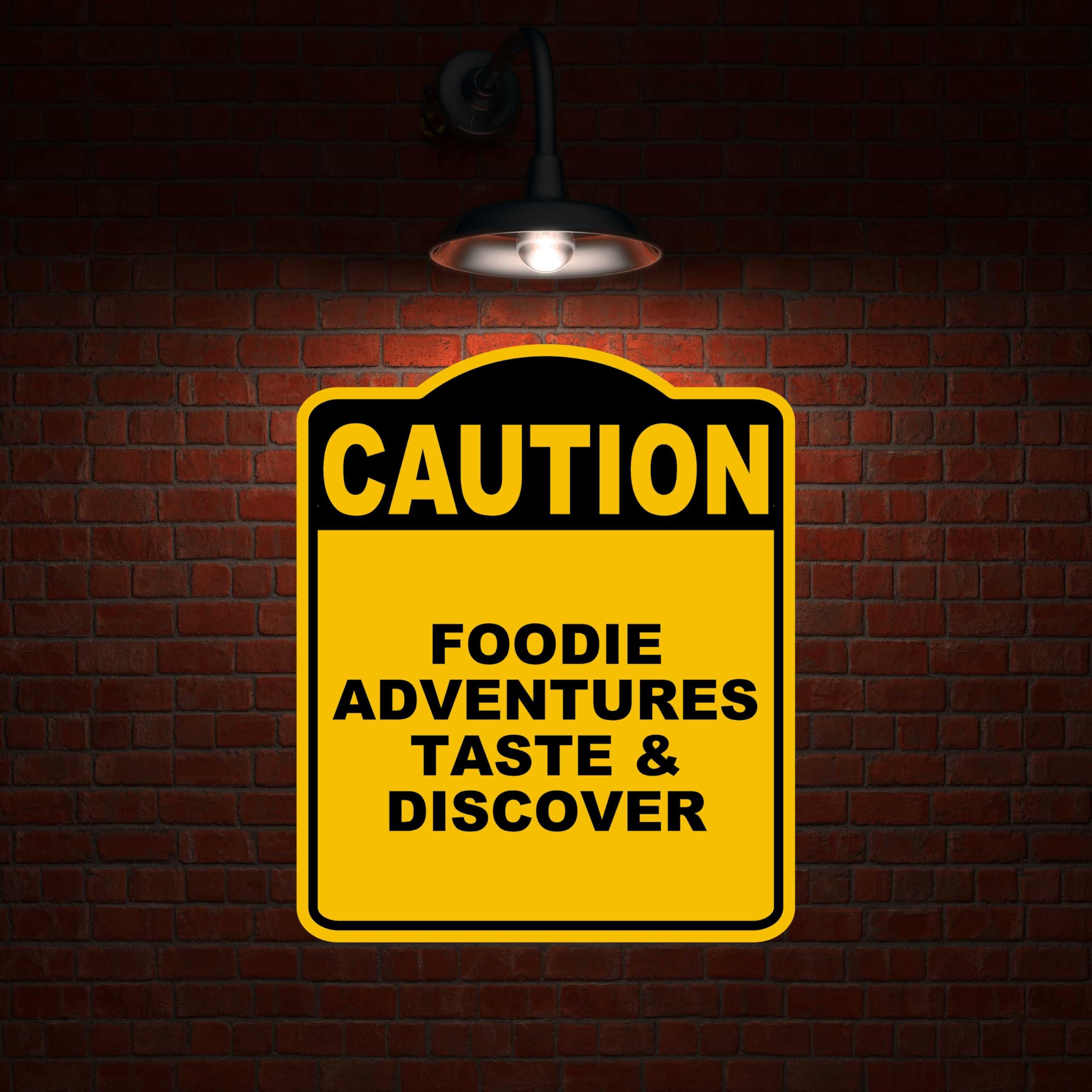 FOODIE ADVENTURES TASTE & DISCOVER Caution Yellow Black Aluminum Composite Sign 8.5 x 10 inches