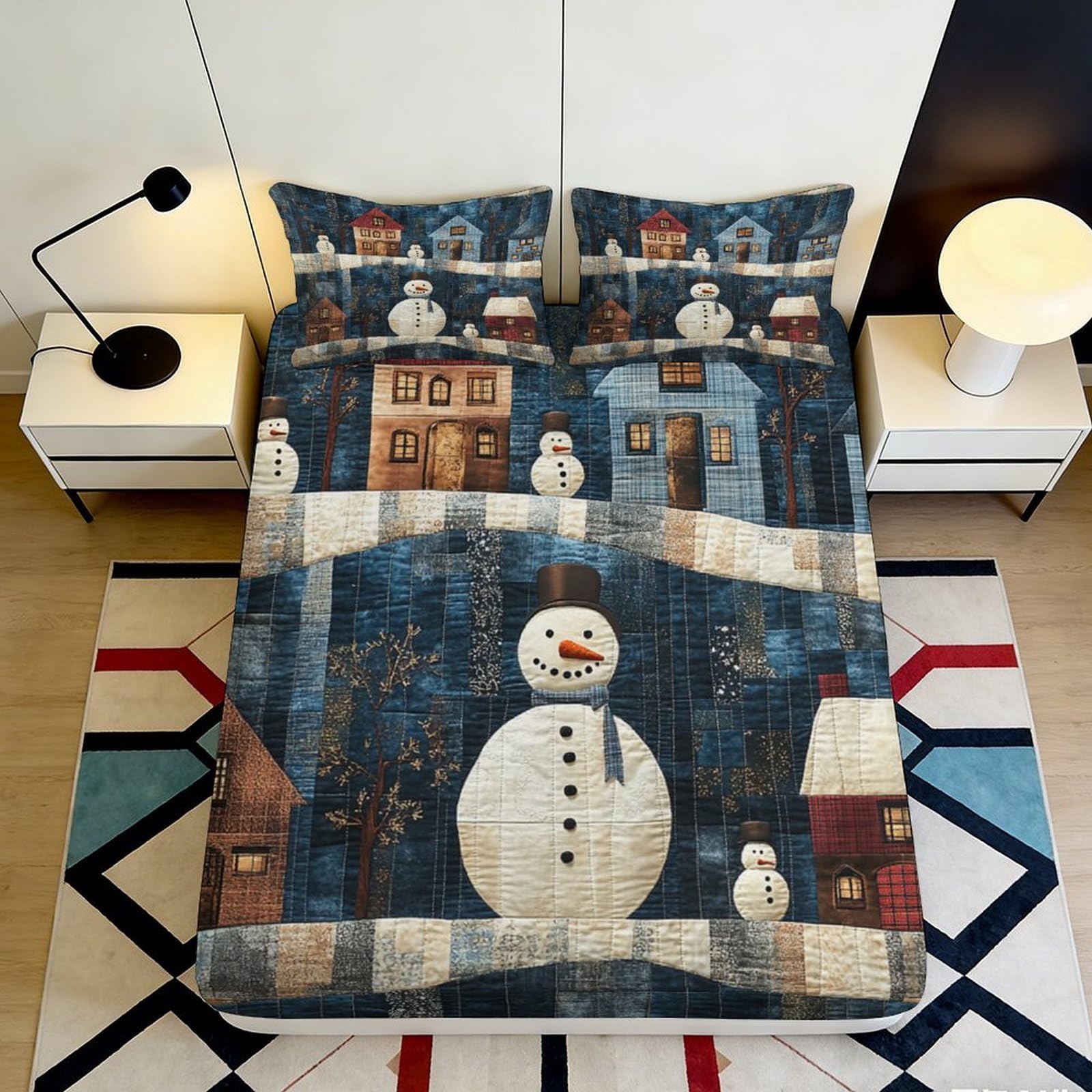 3D Printed Snowman Village Fitted Sheet Microfiber Soft Winter Town Mattress Cover for Bedroom Dorm Decor 90x200x25cm