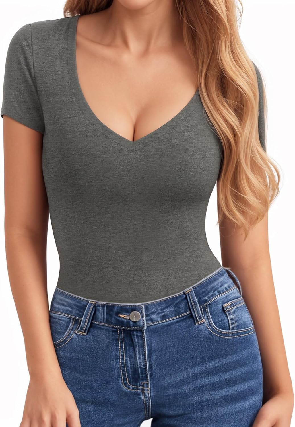 CLOZOZ Short Sleeve Long Sleeve Tops for Women Sexy Womens V Neck T Shirts Fitted Shirts Tight Basic Tee