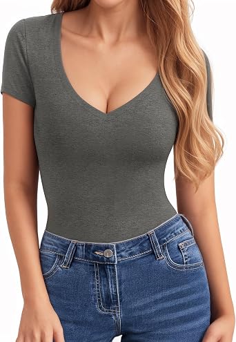 CLOZOZ Short Sleeve Long Sleeve Tops for Women Sexy Womens V Neck T Shirts Fitted Shirts Tight Basic Tee