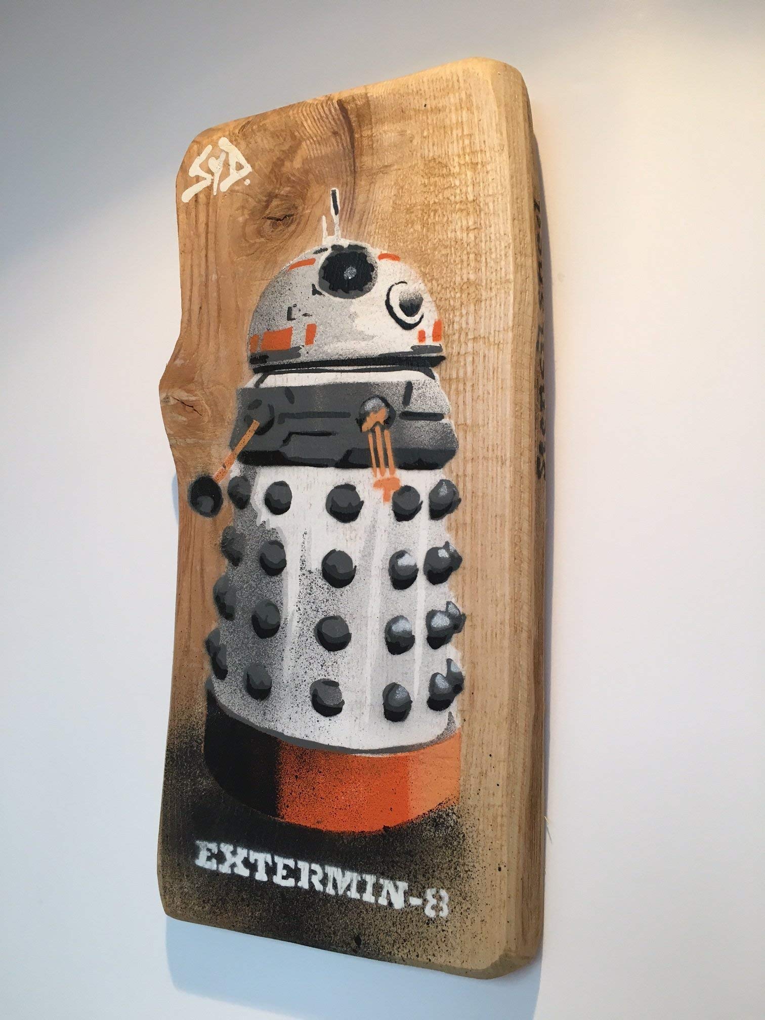 Extermin - 8 | Handmade art | Dalek Dr Who Star Wars BB8 Mash Up | Stencil Picture Artwork painting on Ash Wood | approx size 14 x 22cm | Unique Father's Day Gift | Birthday Present