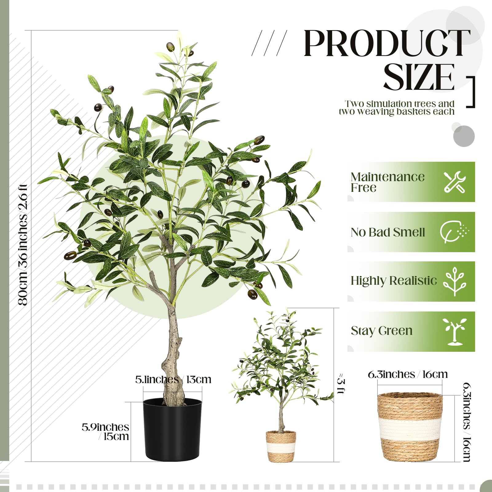 Riceshoot 2 Packs Artificial Olive Tree Tall Faux Silk Plant Potted for Home Office Decor Indoor Fake Potted Trees with Handmade Woven Basket for Modern Living Room Garden(3 ft)