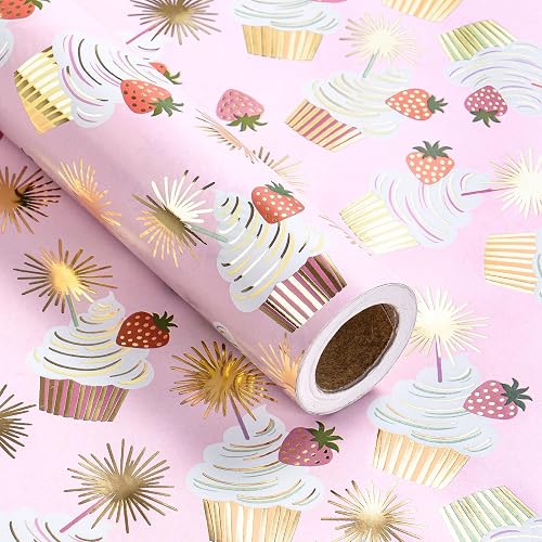 RUSPEPA Birthday Wrapping Paper Roll, Mini Roll, Pink Strawberry, Cupcake and Golden Sparkle Firework Design, Gold Foil Gift Wrap Paper for Girls Birthday Celebrations, 17 Inches x 16.4 Feet