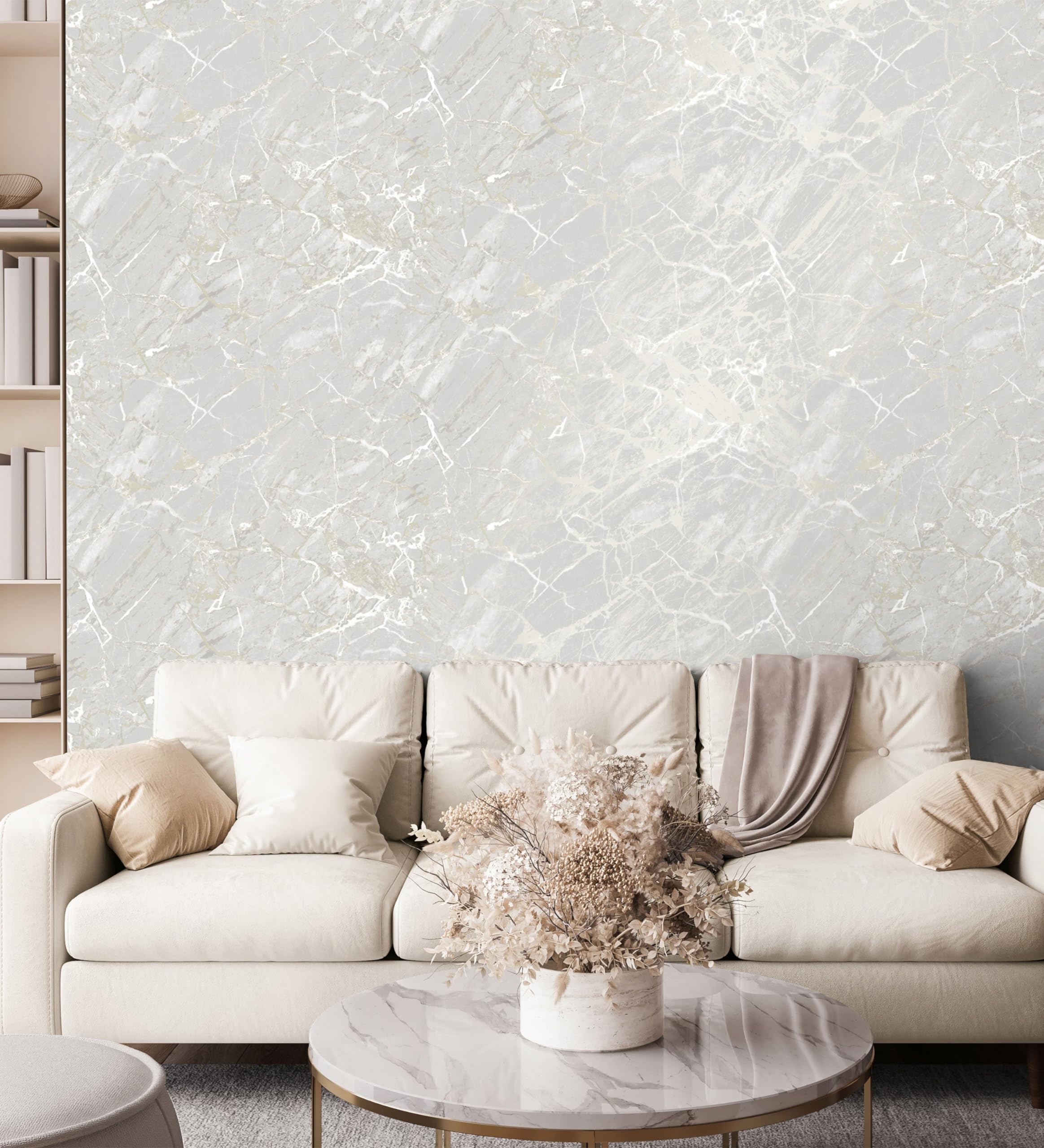 GAULAN 682383 - Papel pintado con efecto mármol gris claro con betas color champagne metalizado para pared salón dormitorio pasillo comedor - Rollo de 10 m x 0,52 m