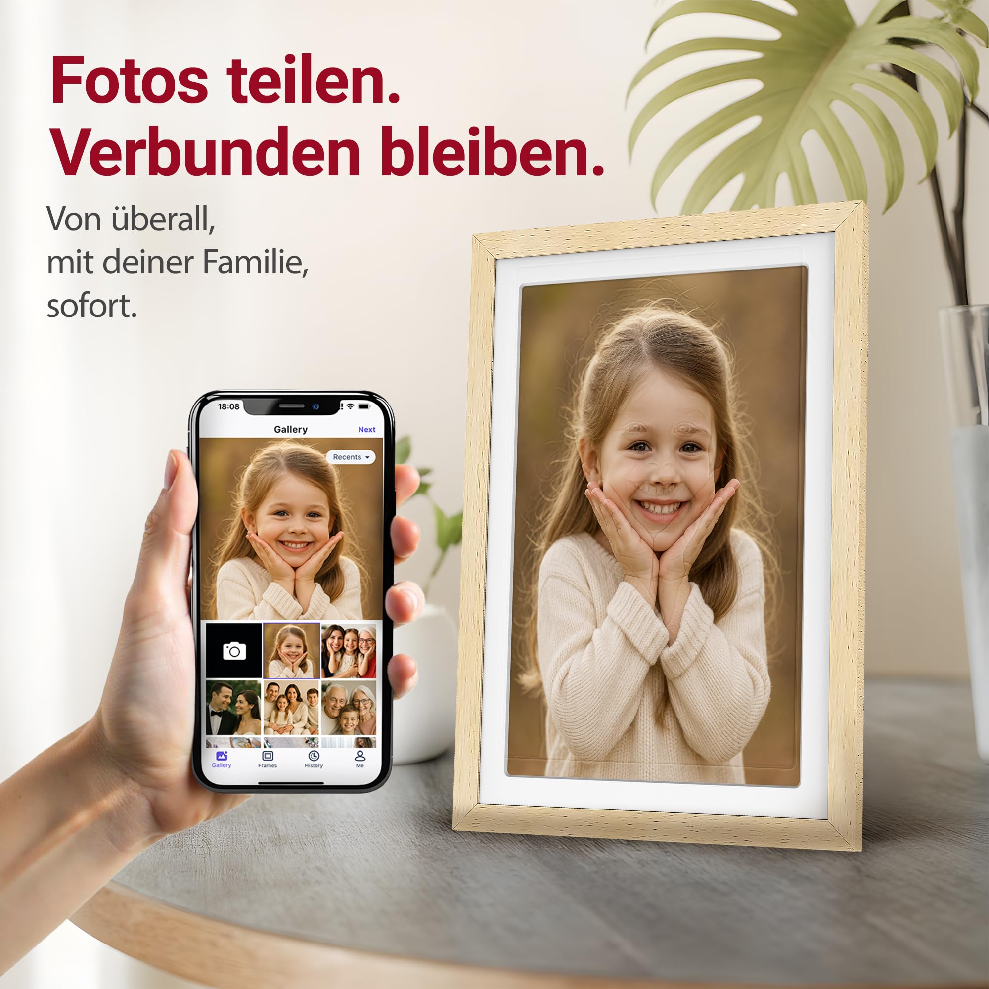 XORO 10,1 Zoll WiFi Digitale Bilderrahmen, 1920x1080 Full HD 1080P IPS Touch Display, 32GB Speicher, Automatische Rotation, Buchenholz, Teilen Sie Fotos sofort von überall aus
