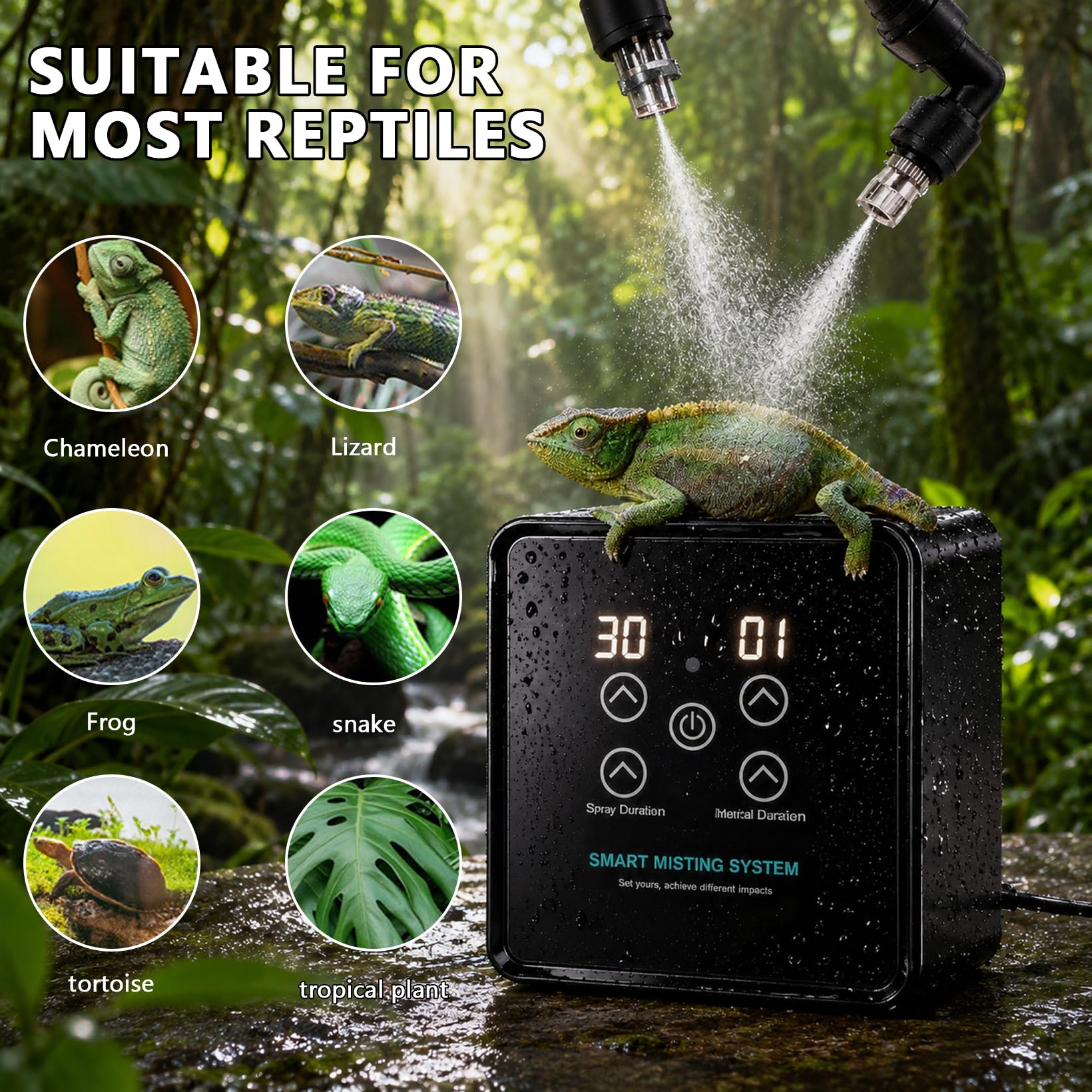 Sistema de riego terrario, nebulizador automático de reptiles con mando a distancia, pantalla táctil y temporizador, boquillas de pulverización ajustables 360°, sistema inteligente de humidificación