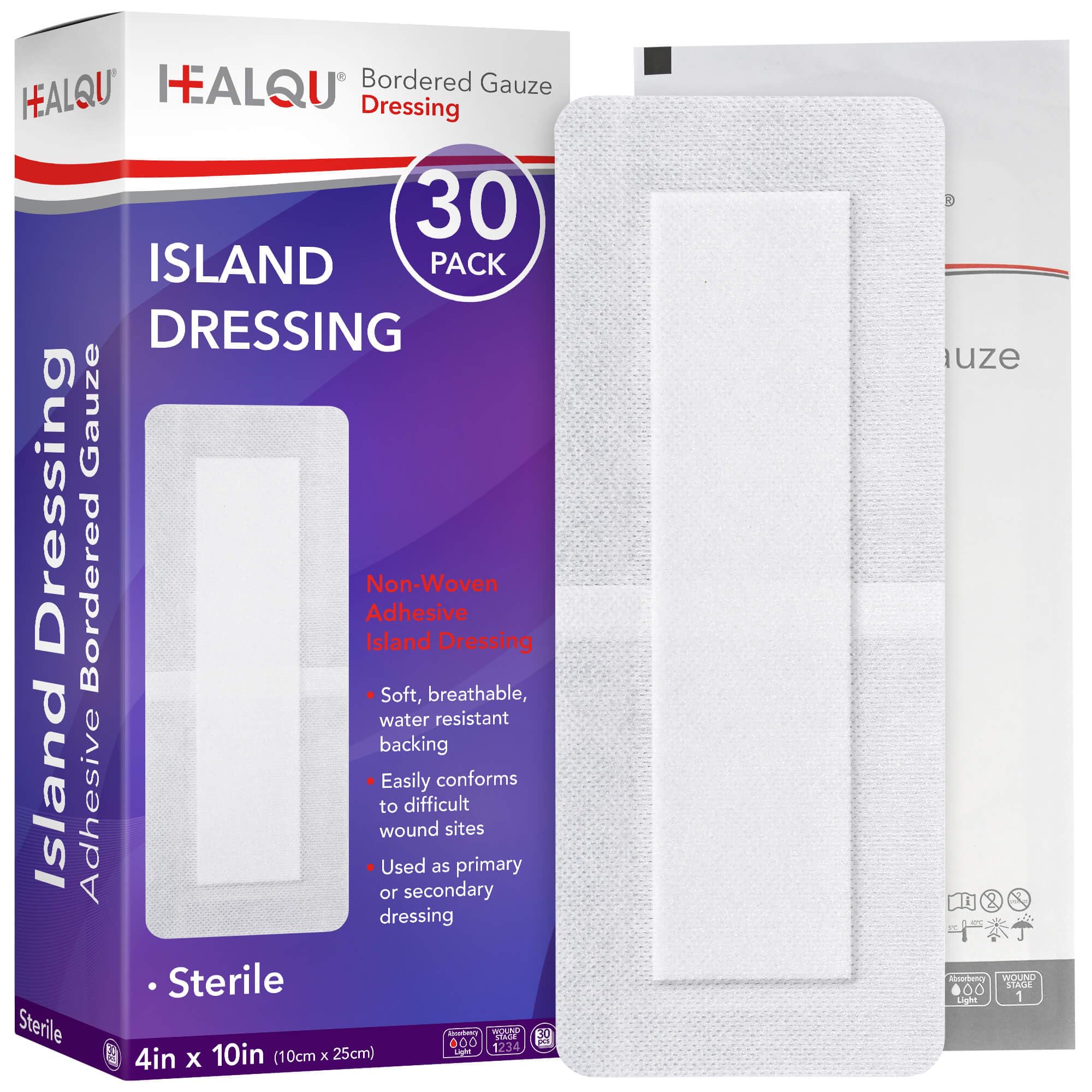 Healqu Island Dressing 4X10-30, Sterile Individual Bags, Non Stick Center with Adhesive Edge, Extra Large Gauze with Waterproof Wound Edge and Backing, Highly Absorbent Dressing for Wound