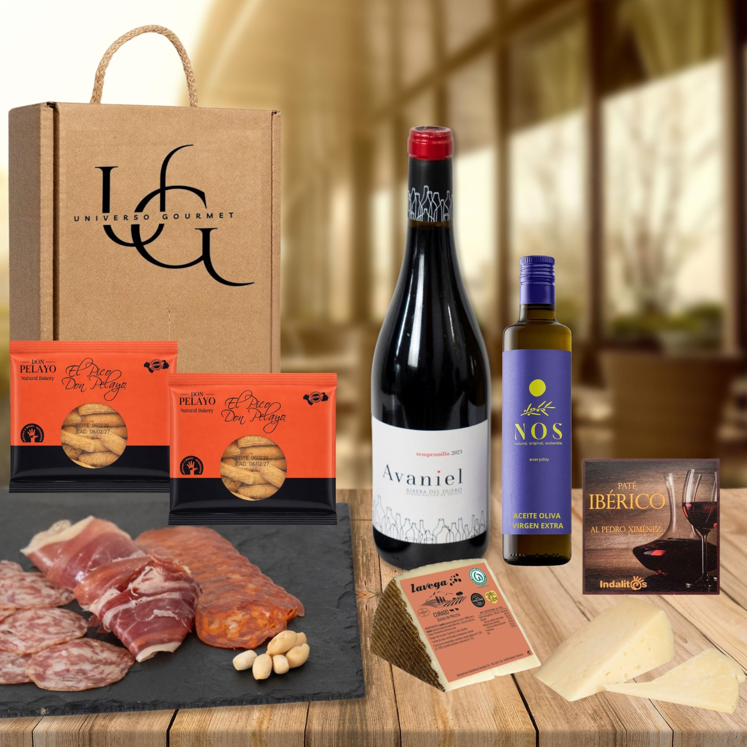 Cesta Gourmet Regalo Vino DO Ribera Aceite Oliva Virgen Extra Embutidos Ibericos Bellota Paleta Ibérica Queso Curado